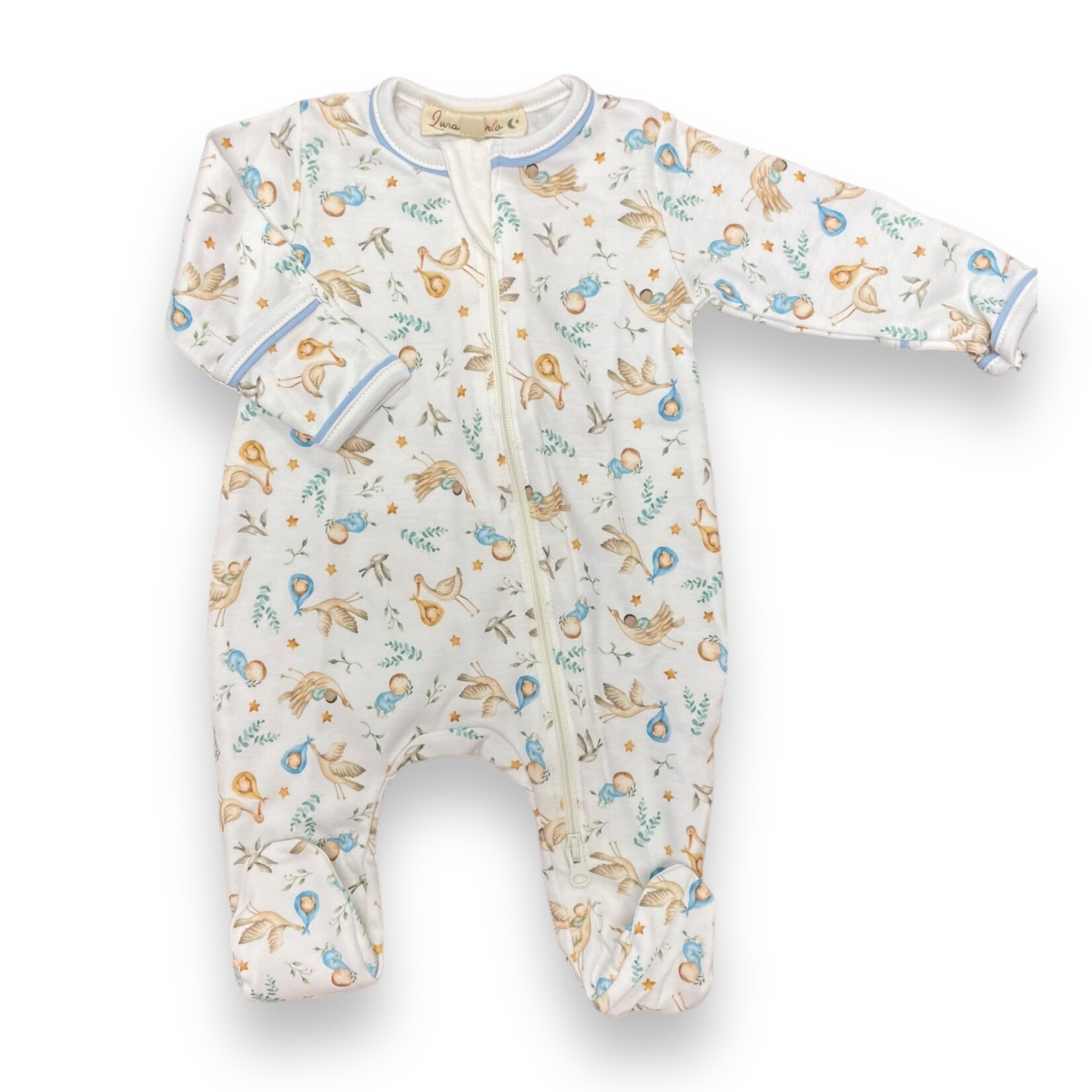 Luna & Arlo Cherished Arrival Stork Footie - Blue