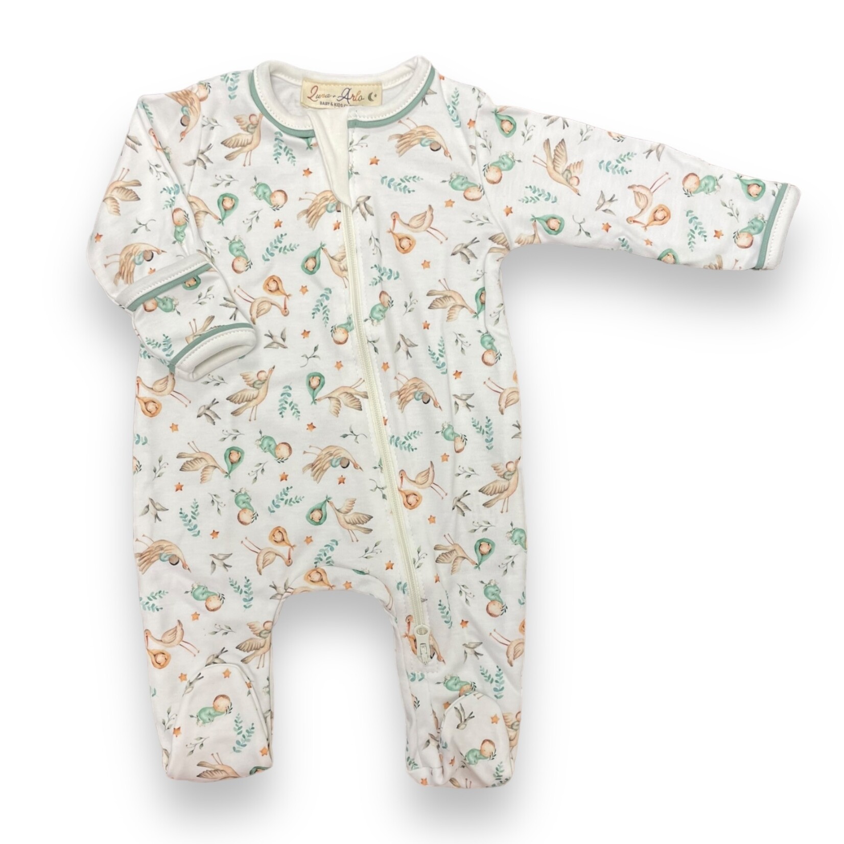 Luna & Arlo Cherished Arrival Stork Footie - Sage