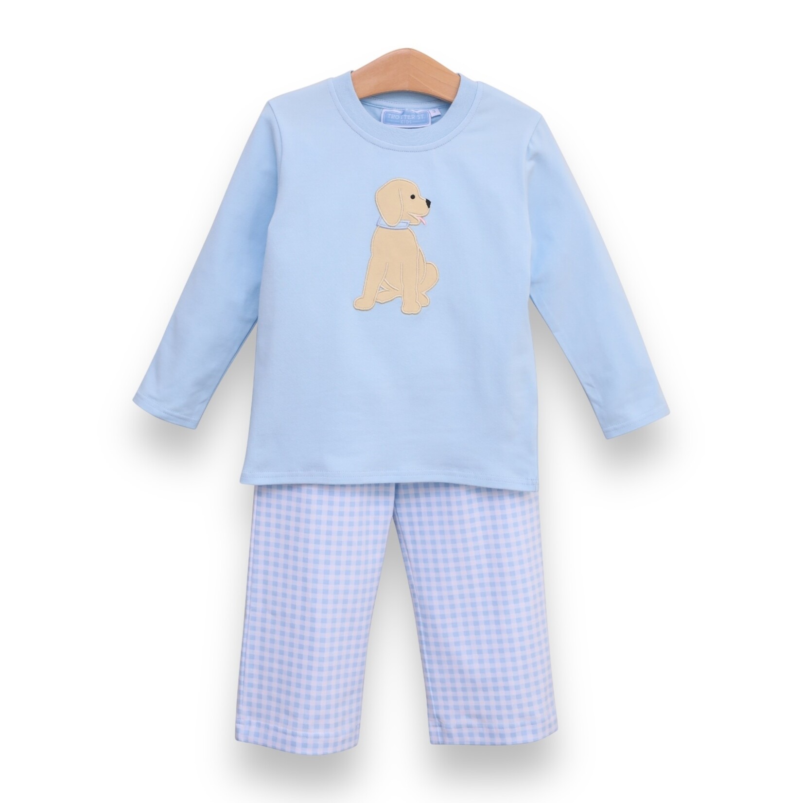 Trotter Street Kids Blue Puppy Gingham Pant Set