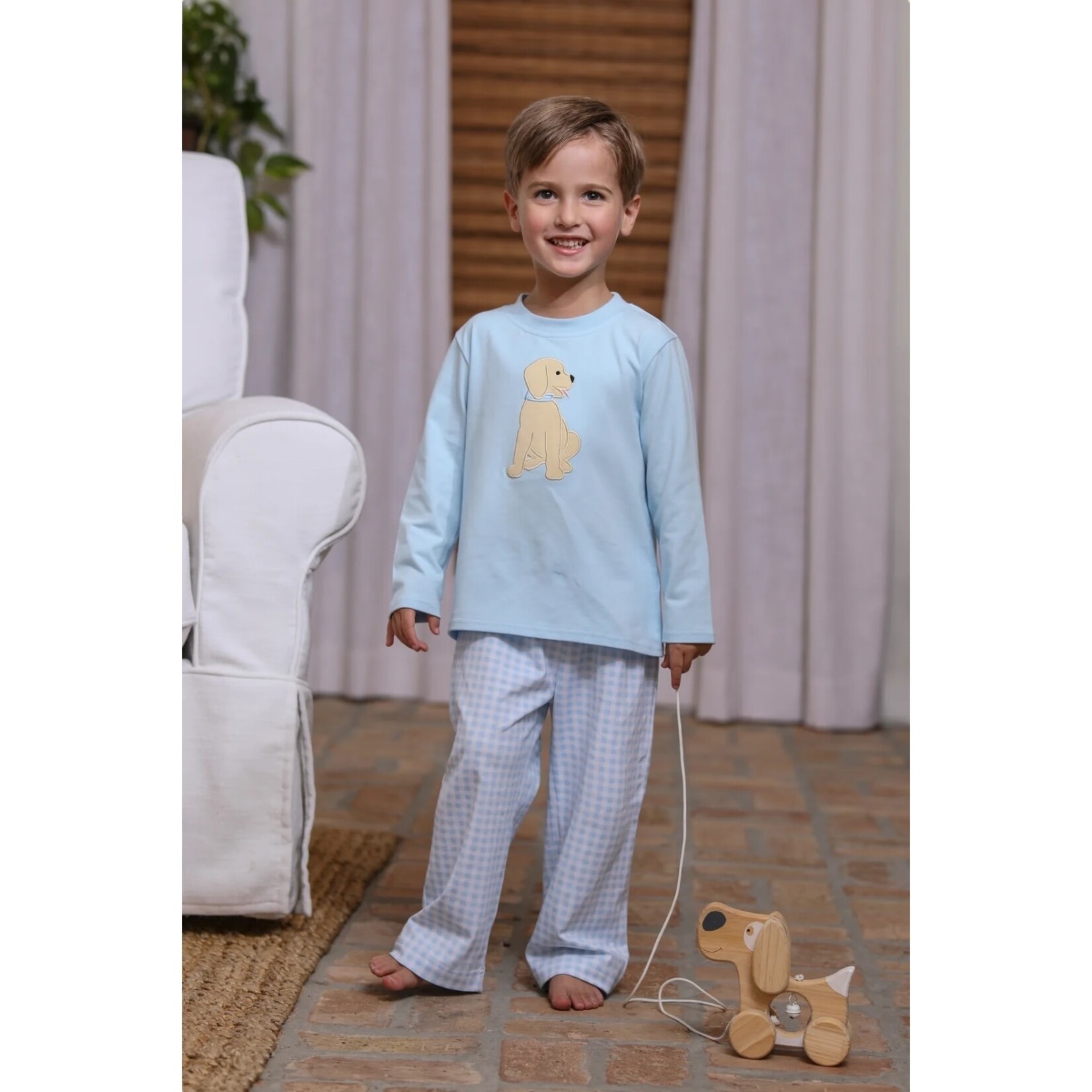 Trotter Street Kids Blue Puppy Gingham Pant Set