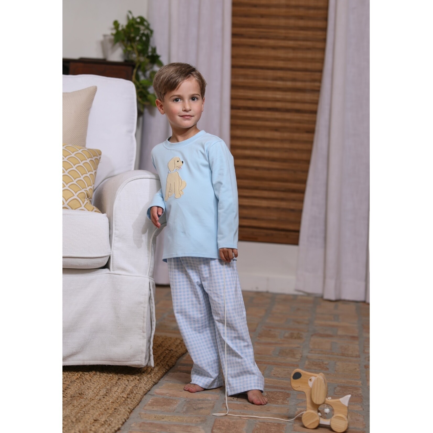 Trotter Street Kids Blue Puppy Gingham Pant Set