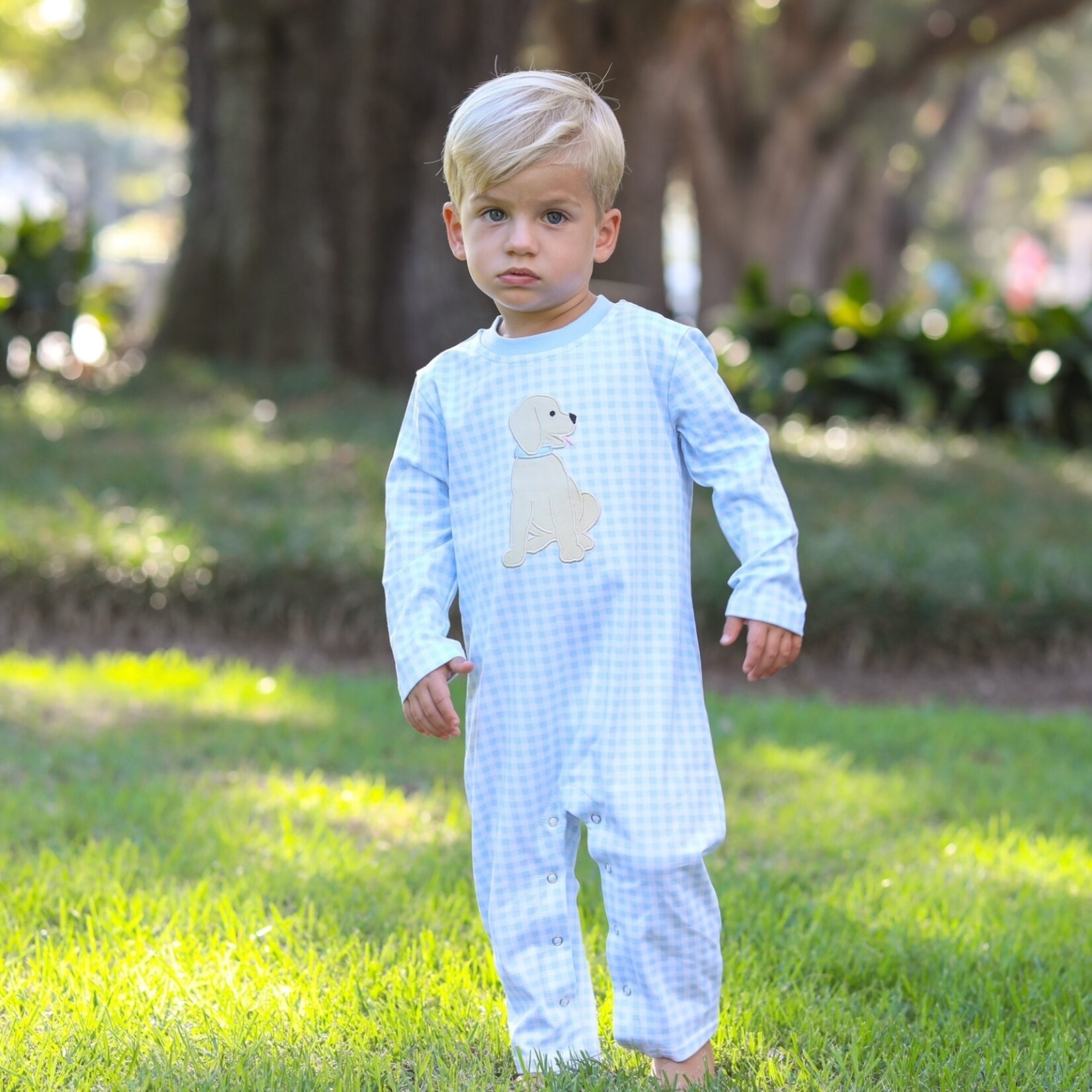 Trotter Street Kids Blue Puppy Gingham Romper