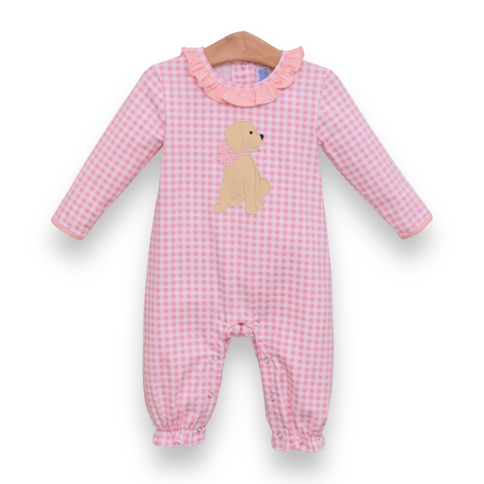 Trotter Street Kids Pink Puppy Gingham Ruffle Romper