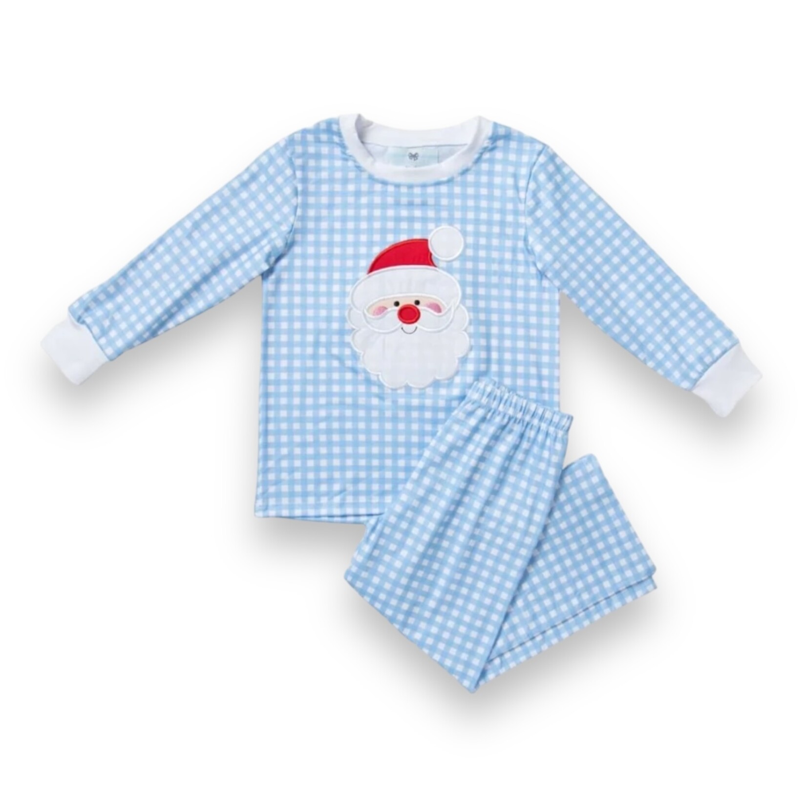 City Beautiful Blue Gingham Santa PJ Set (Size 3T)