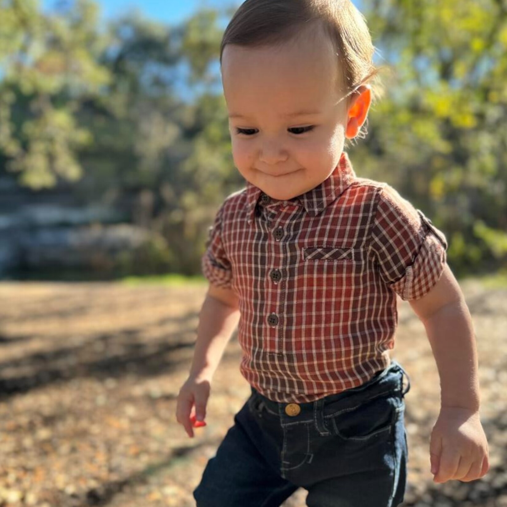 Me & Henry Rust/Plaid Onesie