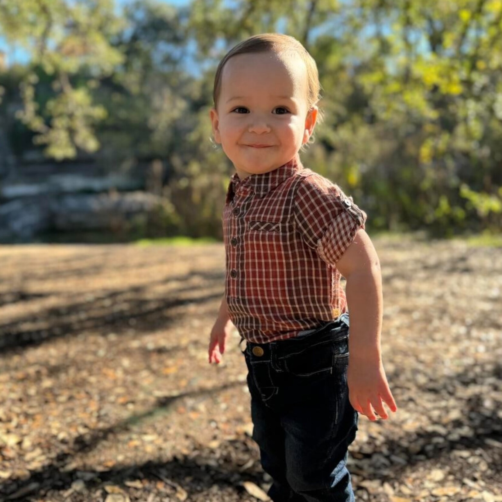 Me & Henry Rust/Plaid Onesie