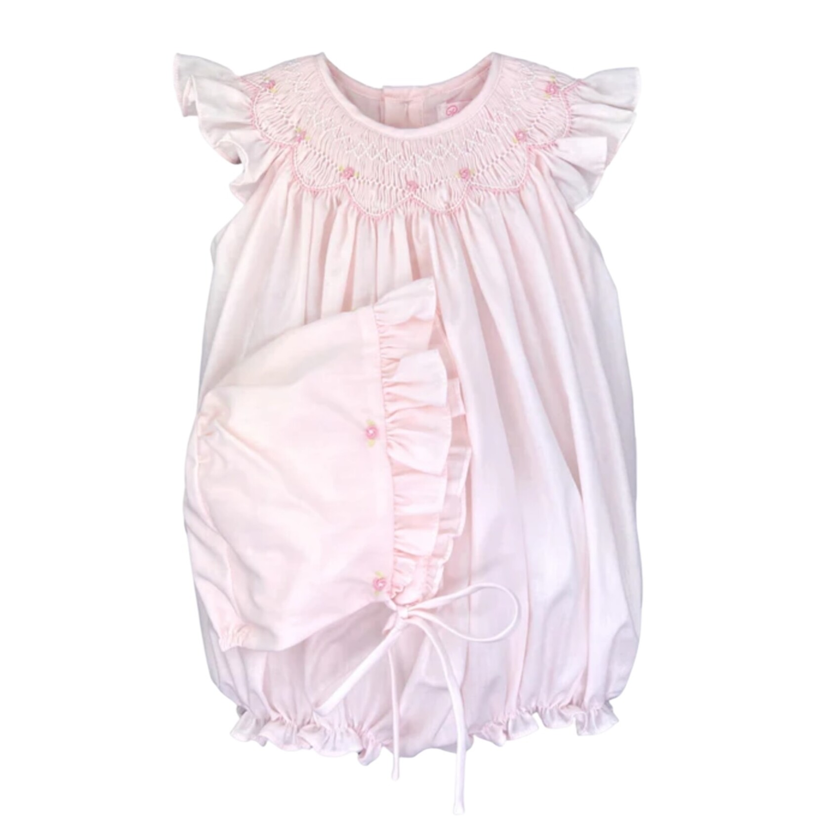 Petit Ami Pink Rosebuds Smocked Bubble & Bonnet