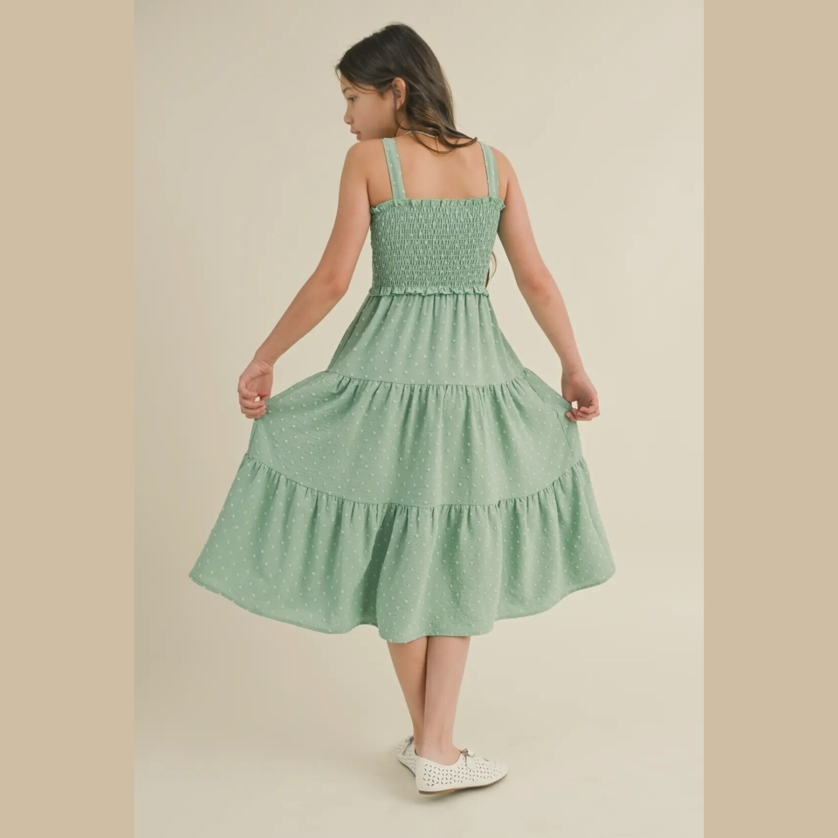 Heart and Arrow Sage Swiss Dot Midi Dress