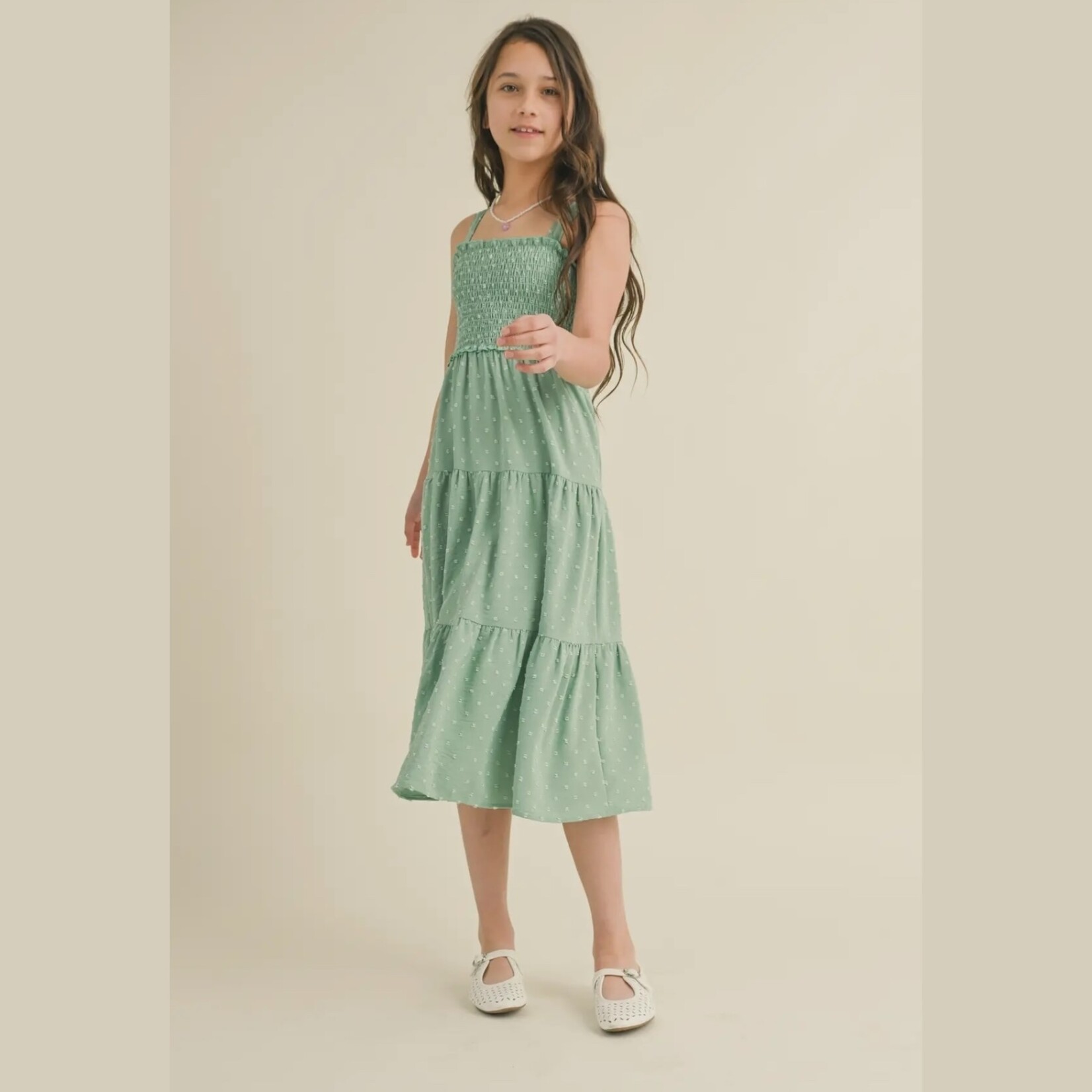 Heart and Arrow Sage Swiss Dot Midi Dress