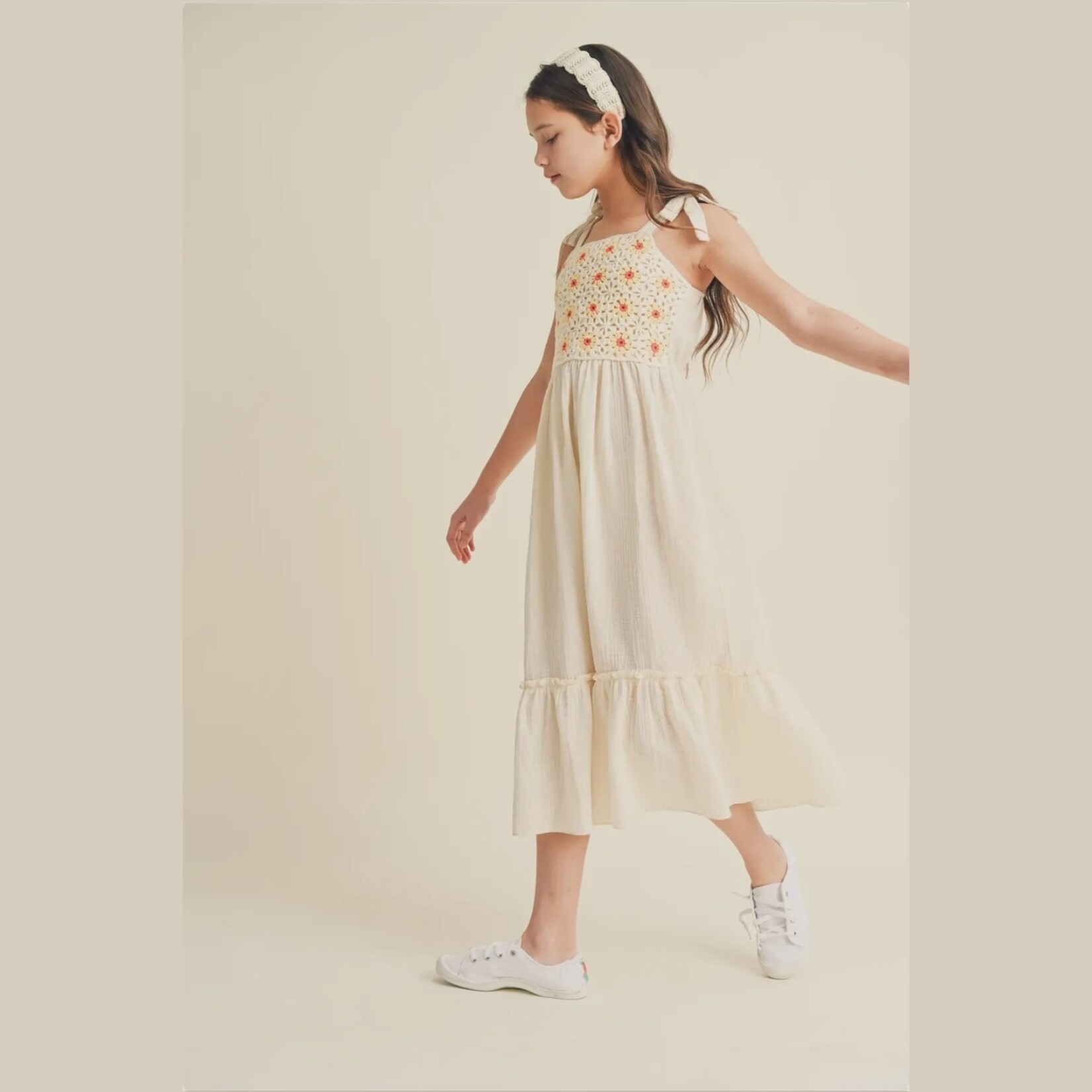 Heart and Arrow Cream Crochet Midi Dress