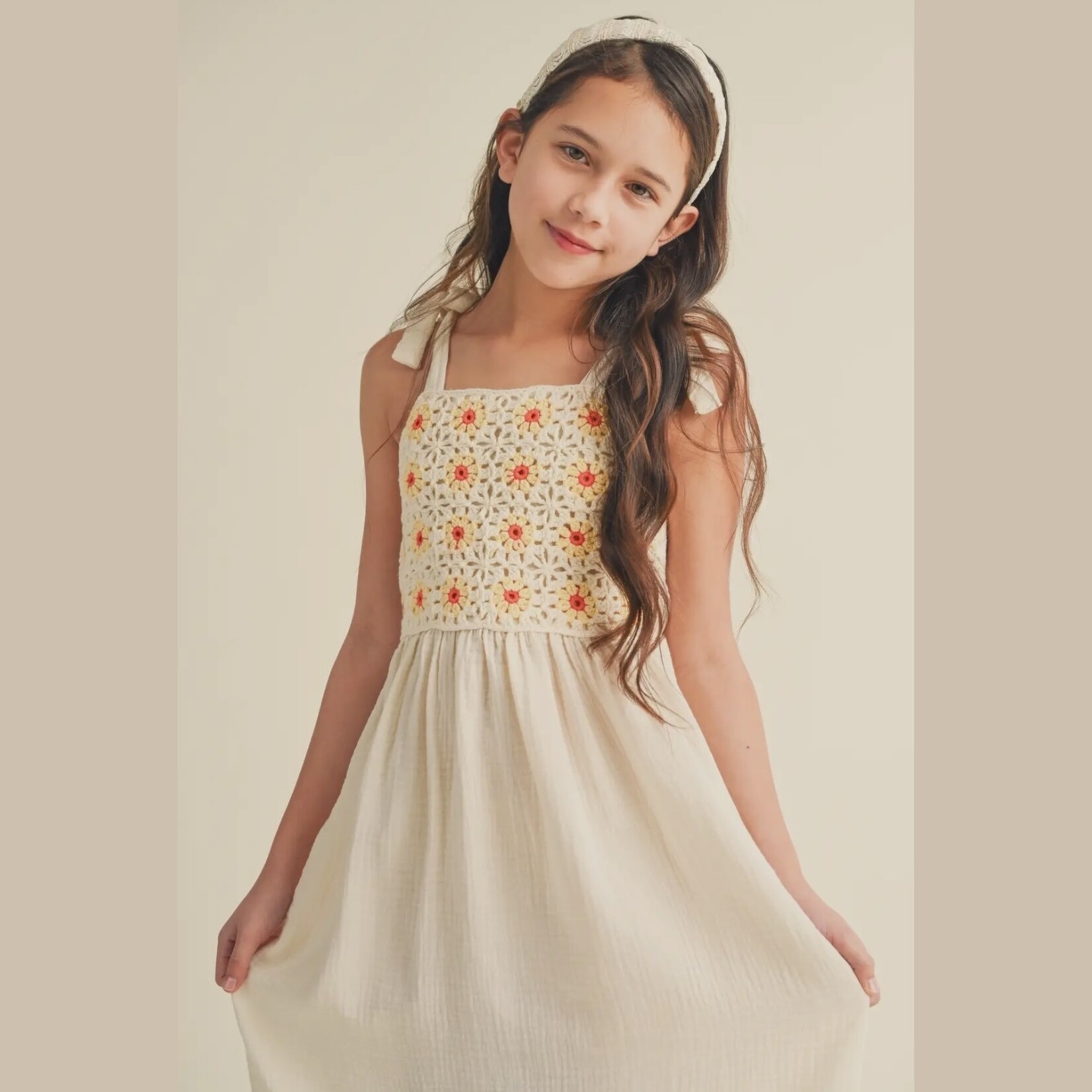 Heart and Arrow Cream Crochet Midi Dress