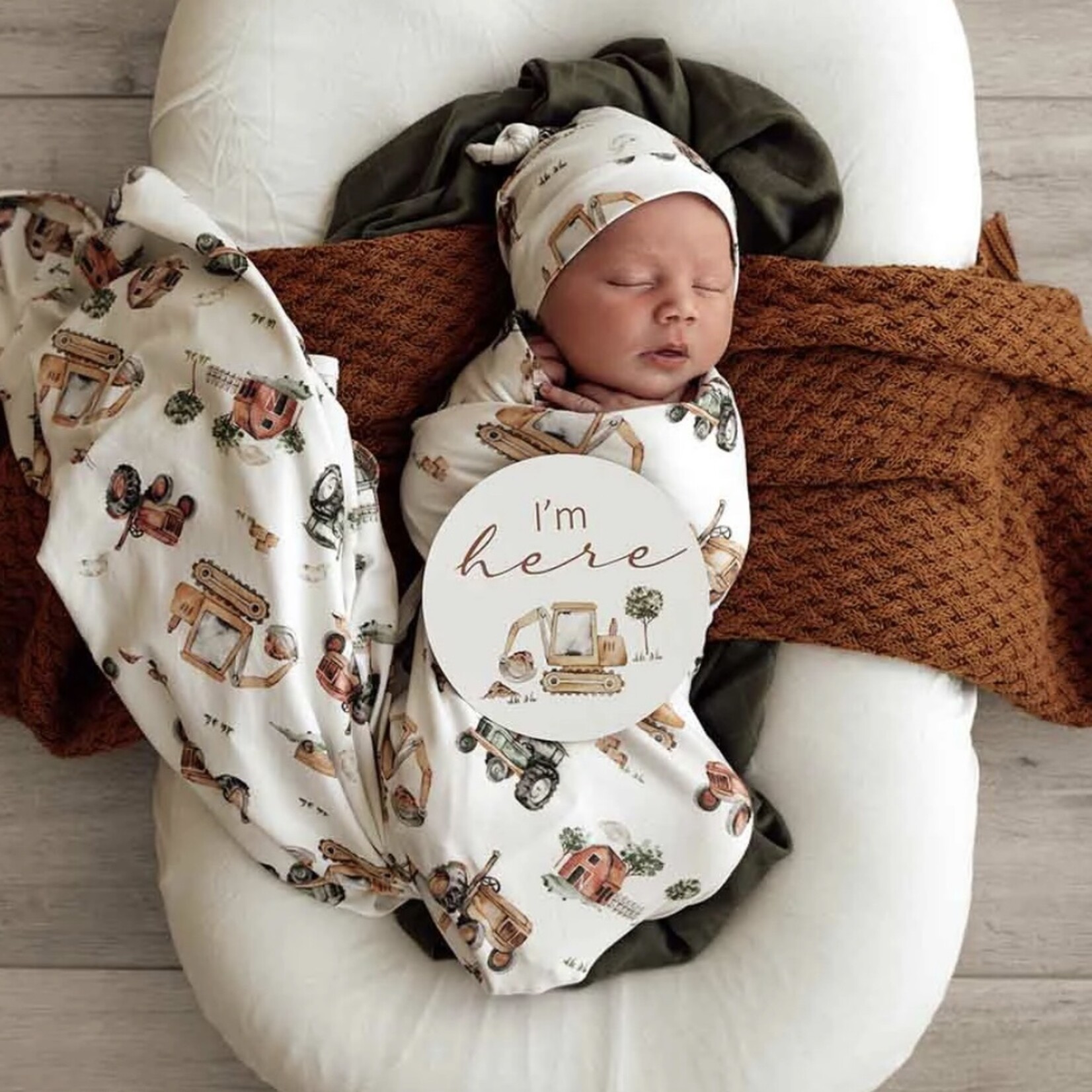 Snuggle Hunny Diggers & Tractors Wrap & Hat Set