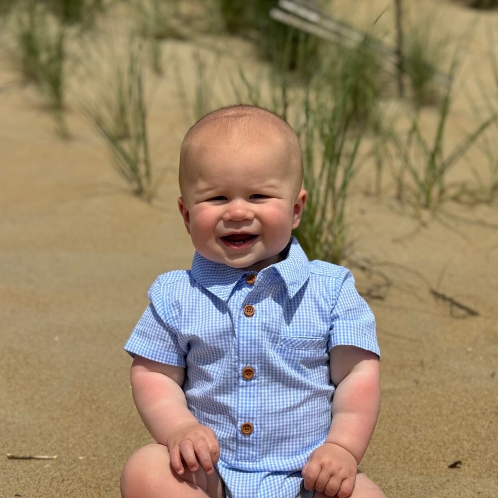 Me & Henry Blue/White Micro Plaid Helford Onesie