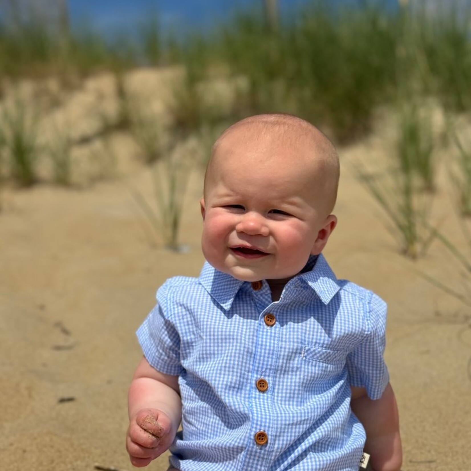 Me & Henry Blue/White Micro Plaid Helford Onesie