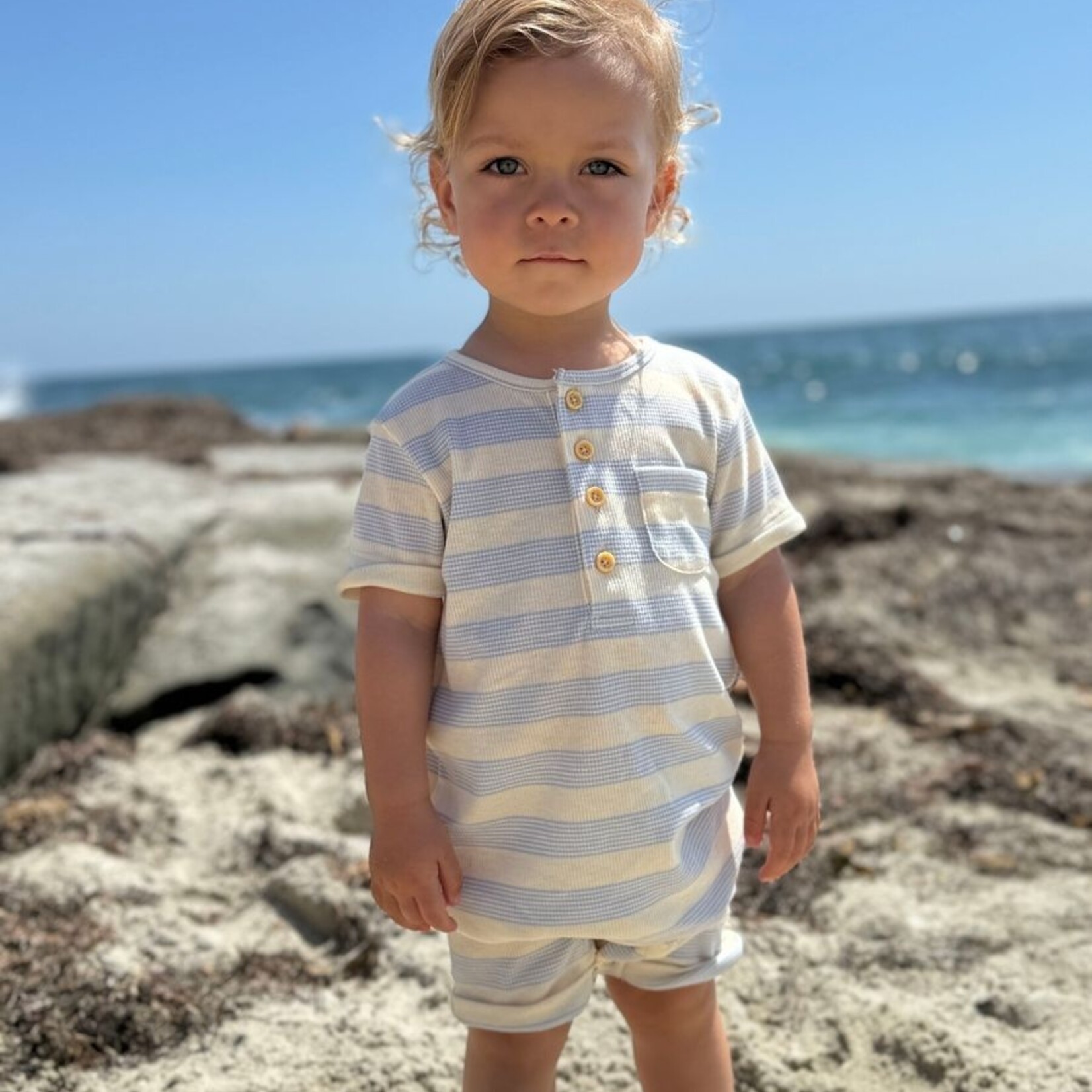 Me & Henry Blue Cream Ribbed Romper
