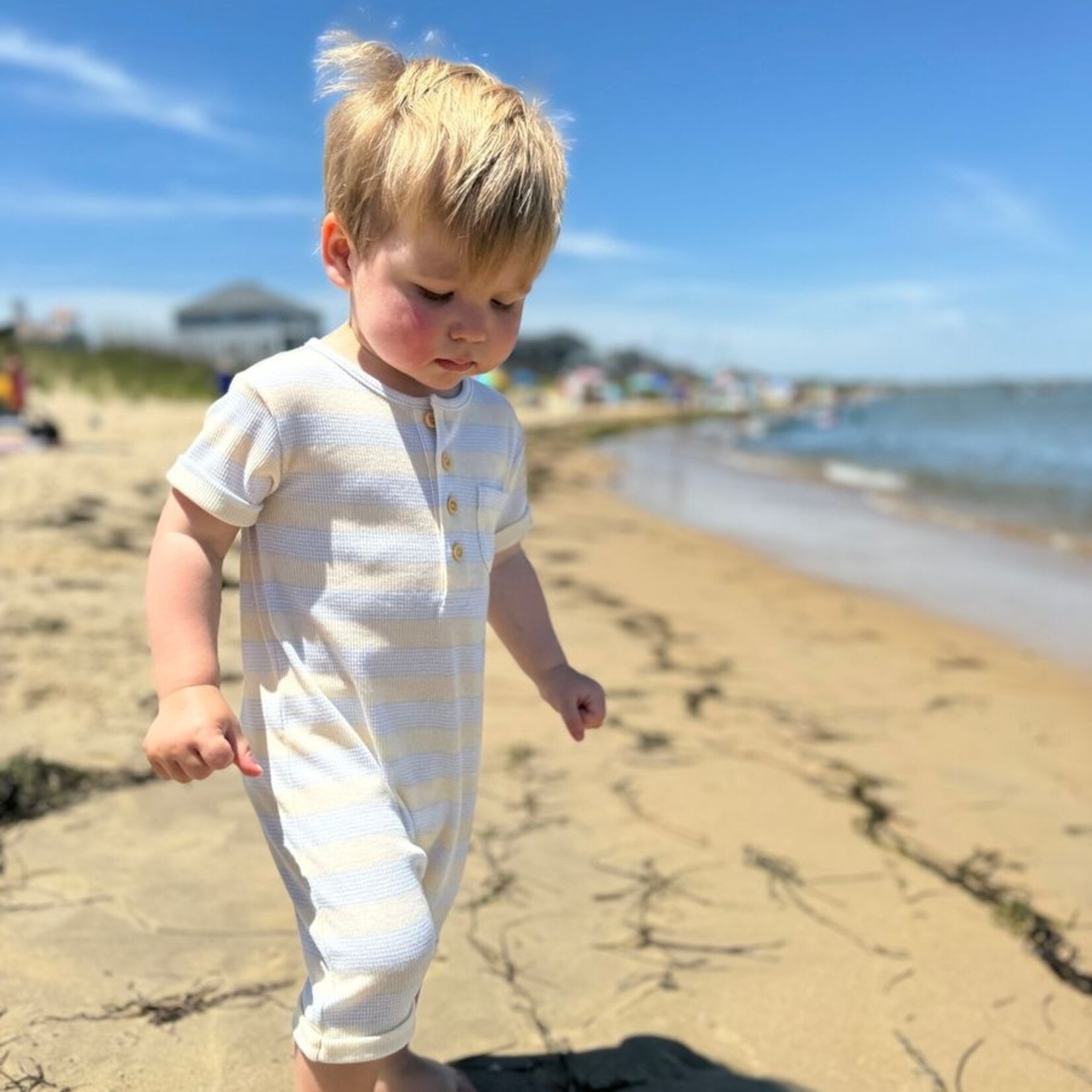 Me & Henry Blue Cream Ribbed Romper