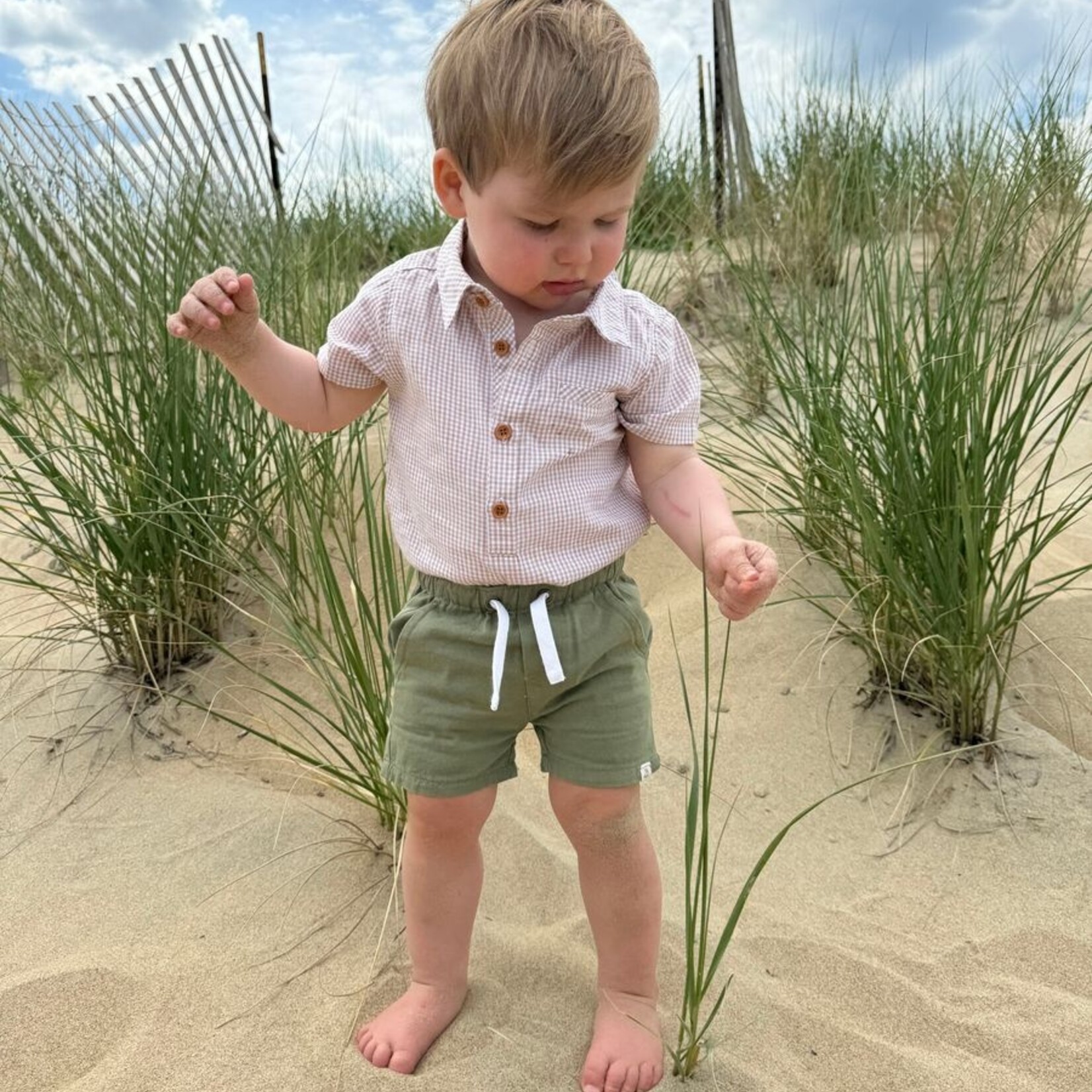 Me & Henry Beige Micro Plaid Helford Onesie