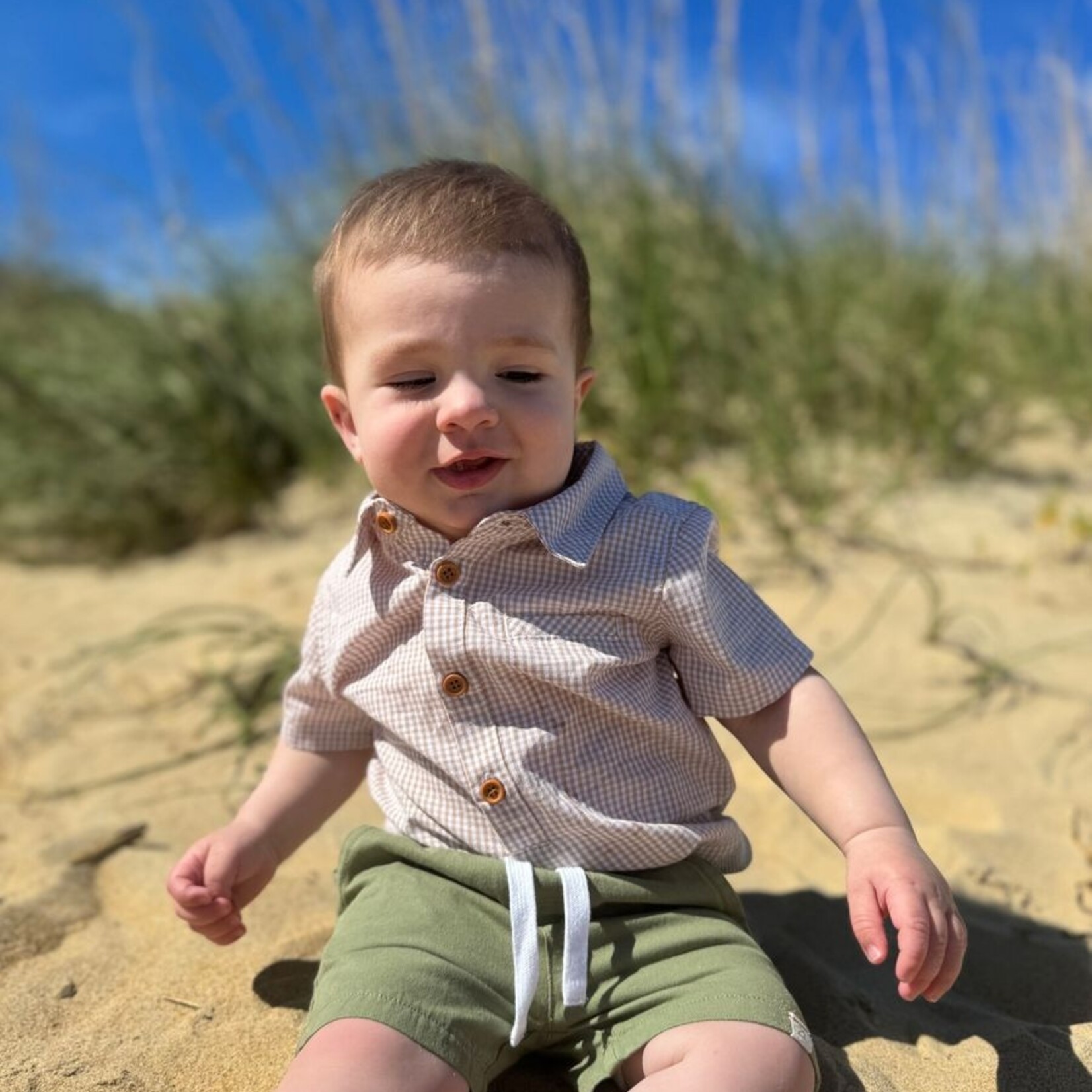 Me & Henry Beige Micro Plaid Helford Onesie