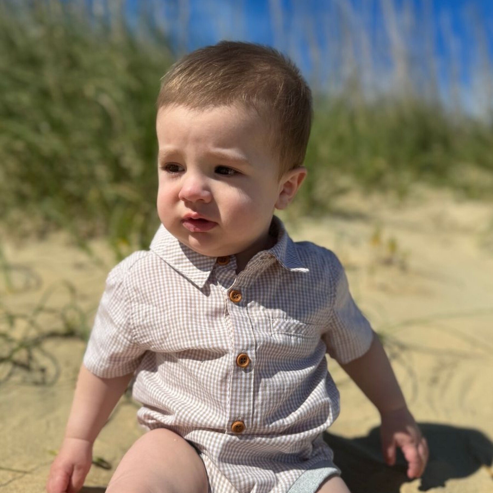 Me & Henry Beige Micro Plaid Helford Onesie