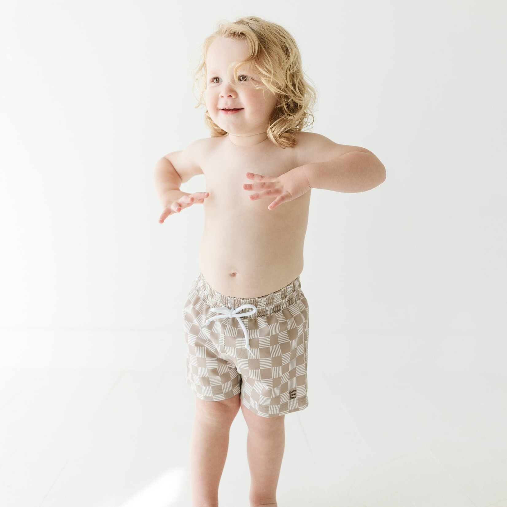 Brave Little Ones Taupe Checkered Swim Trunks