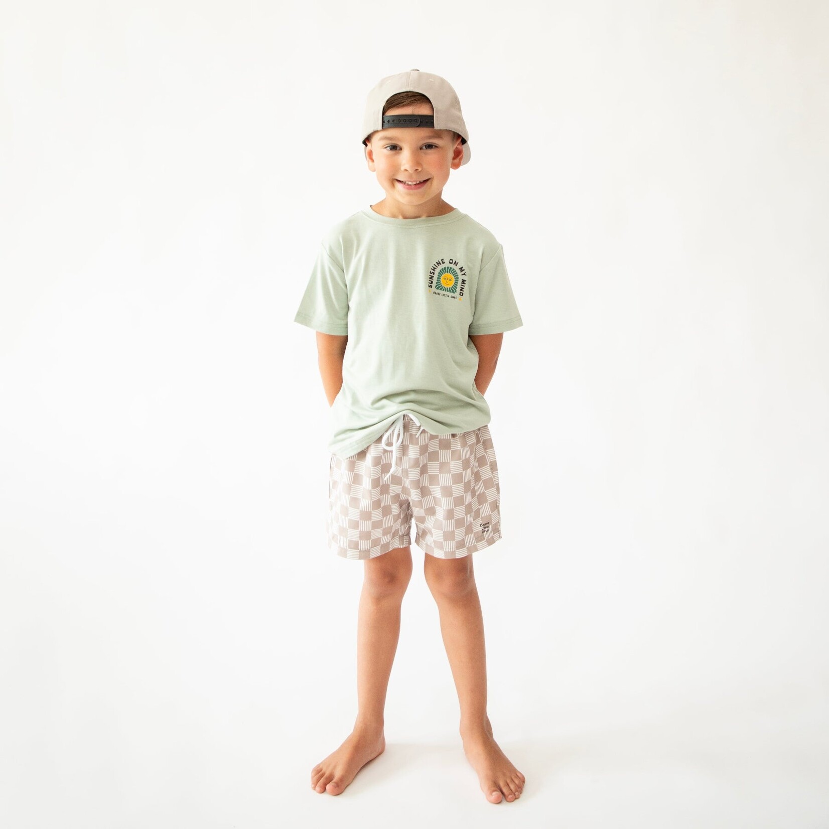 Brave Little Ones Taupe Checkered Swim Trunks