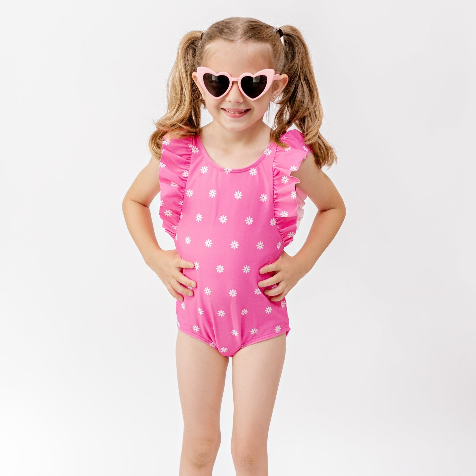 Brave Little Ones Hot Pink Daisies Ruffle Swim Suit