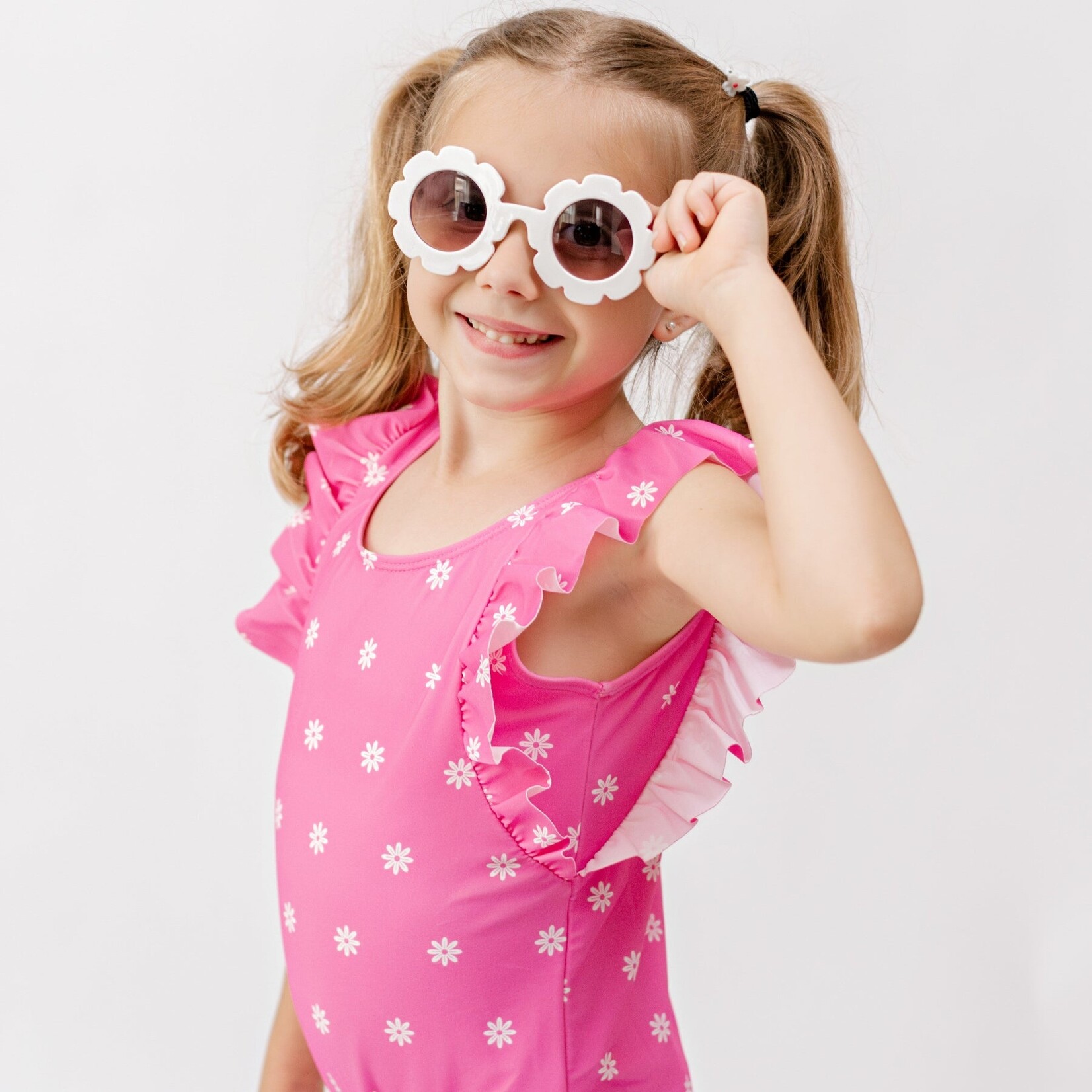 Brave Little Ones Hot Pink Daisies Ruffle Swim Suit