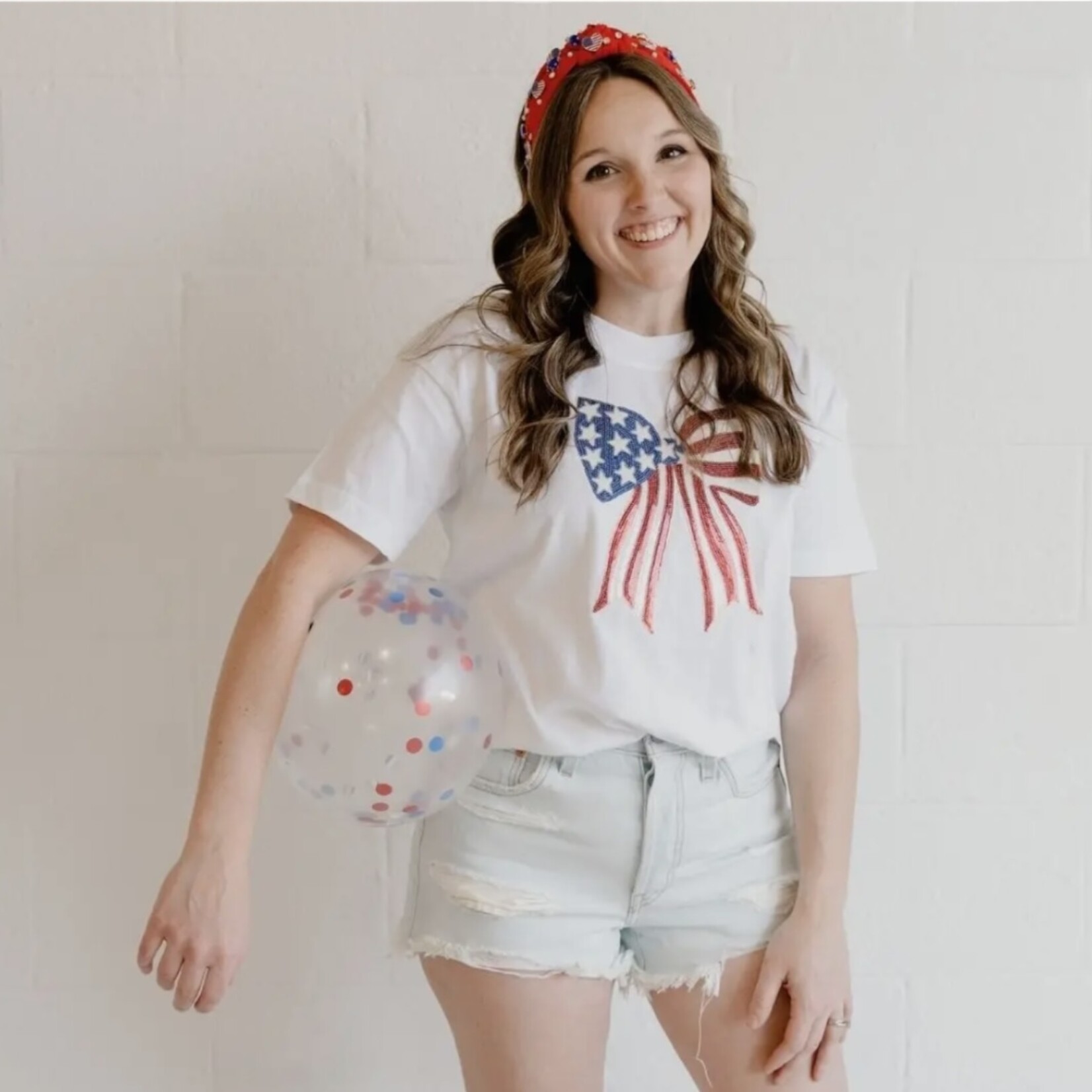 Sweet Wink Adult Patriotic Sequin Bow Shirt