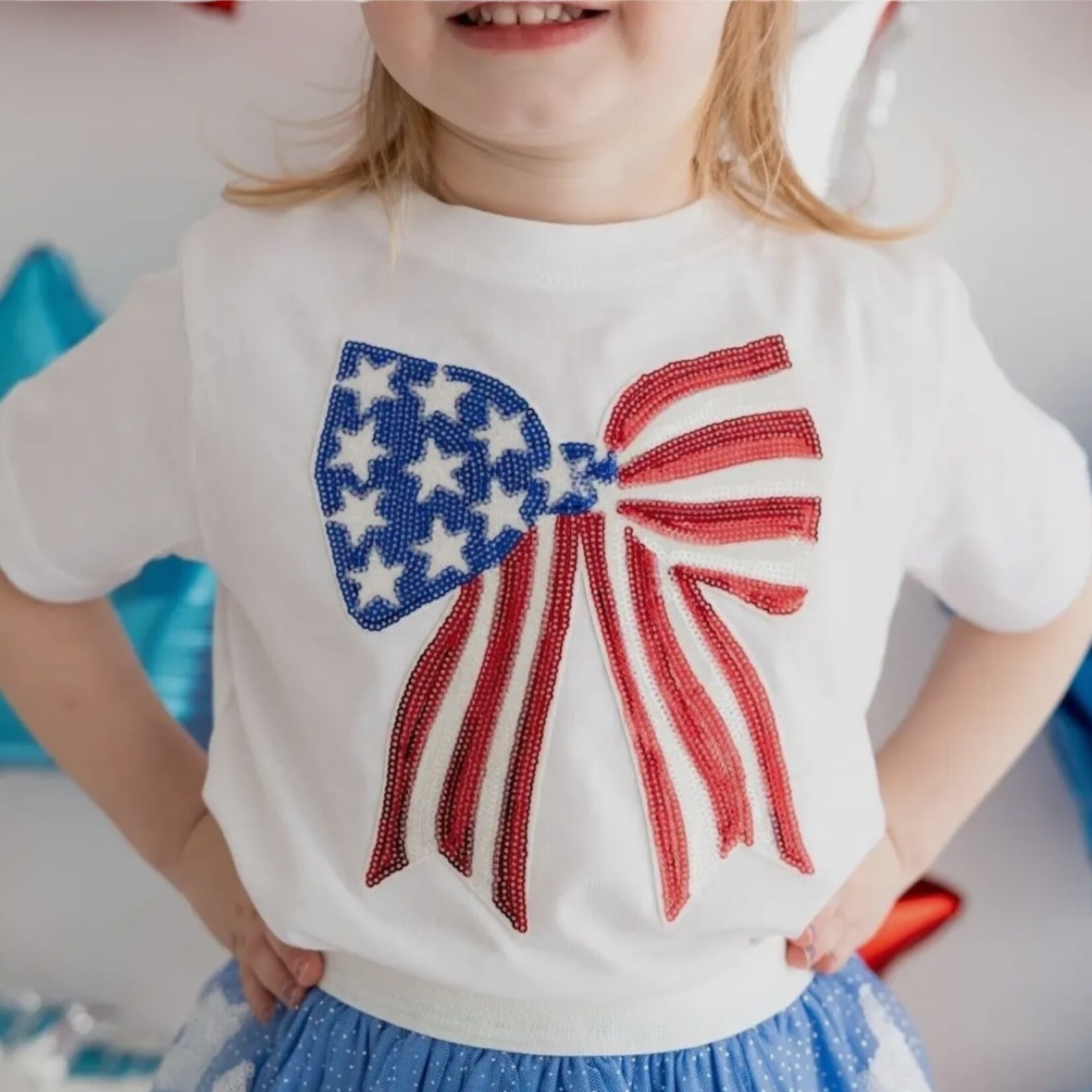 Sweet Wink Girls Patriotic Sequin Bow Shirt