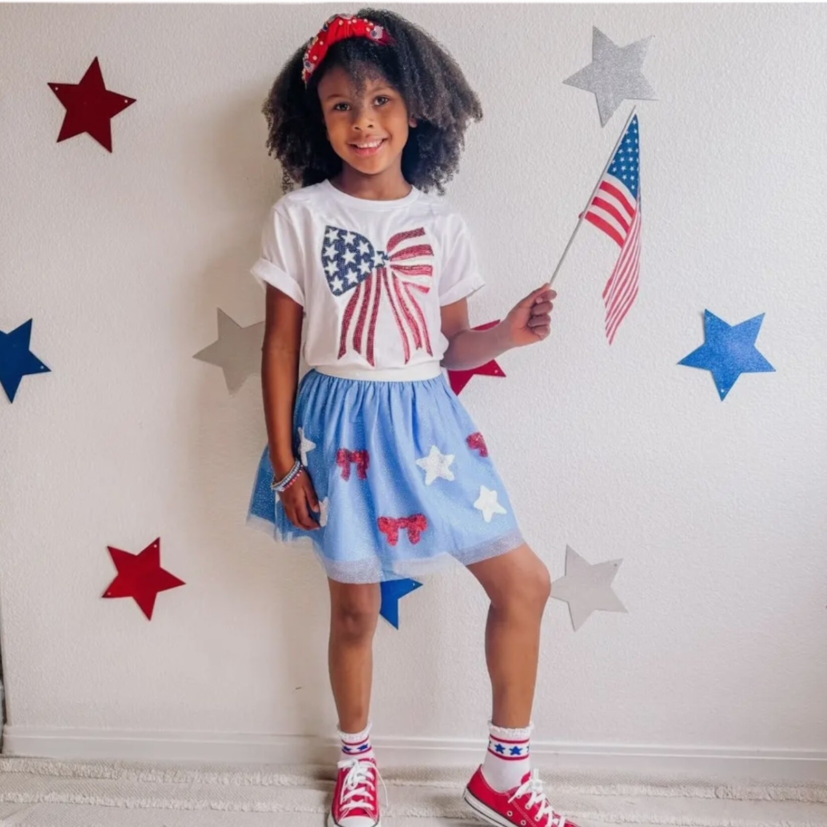 Sweet Wink Girls Patriotic Sequin Bow Shirt