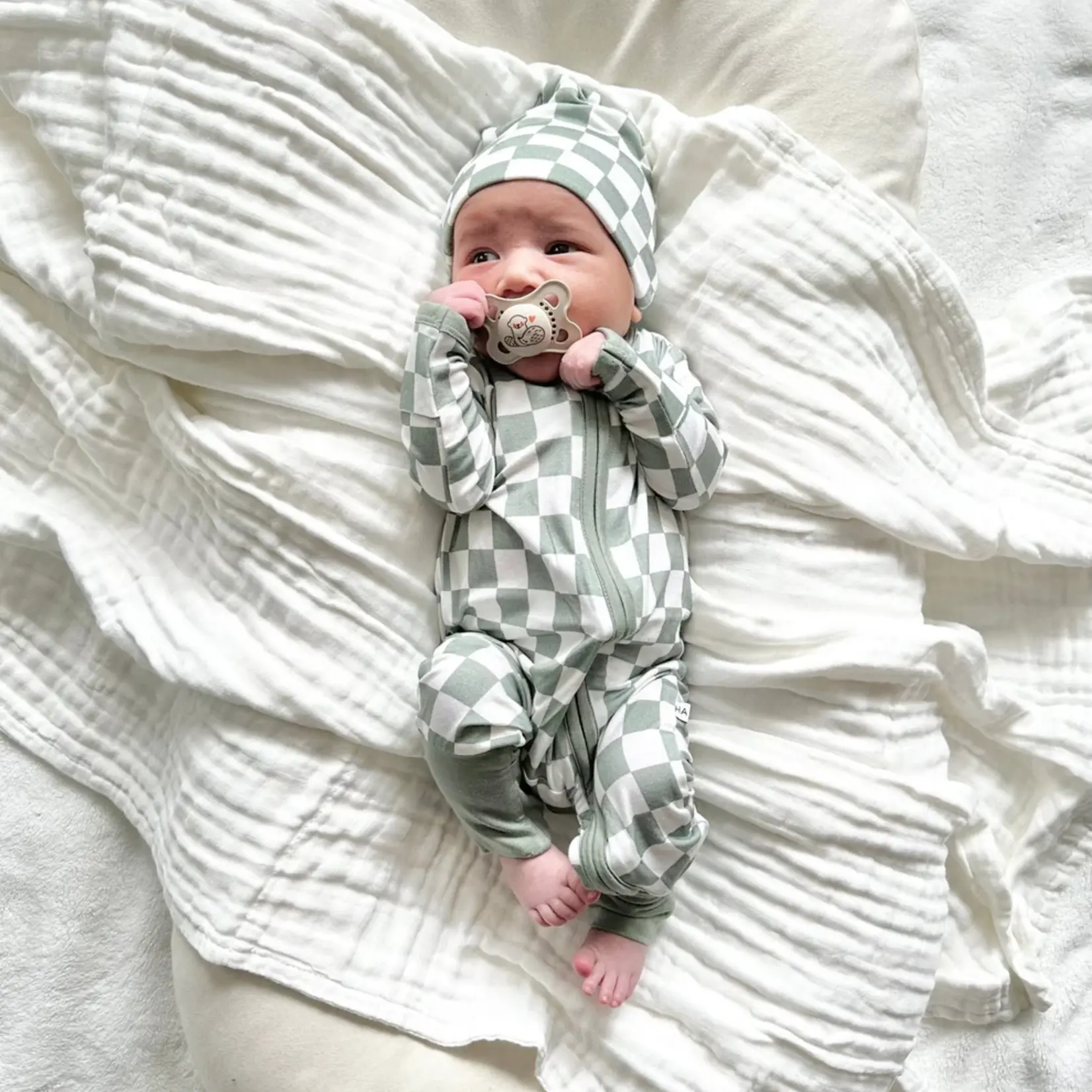 Harp Angel Jade Checkered Zipper Romper