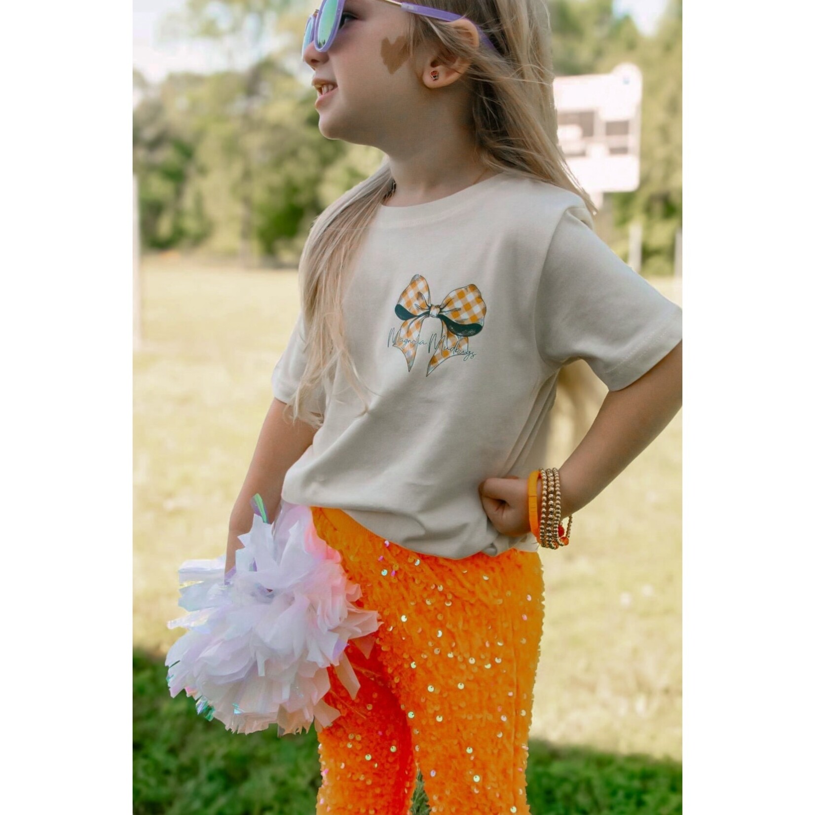 Magnolia Mudbugs Gingham Bow & Football Shirt - Orange