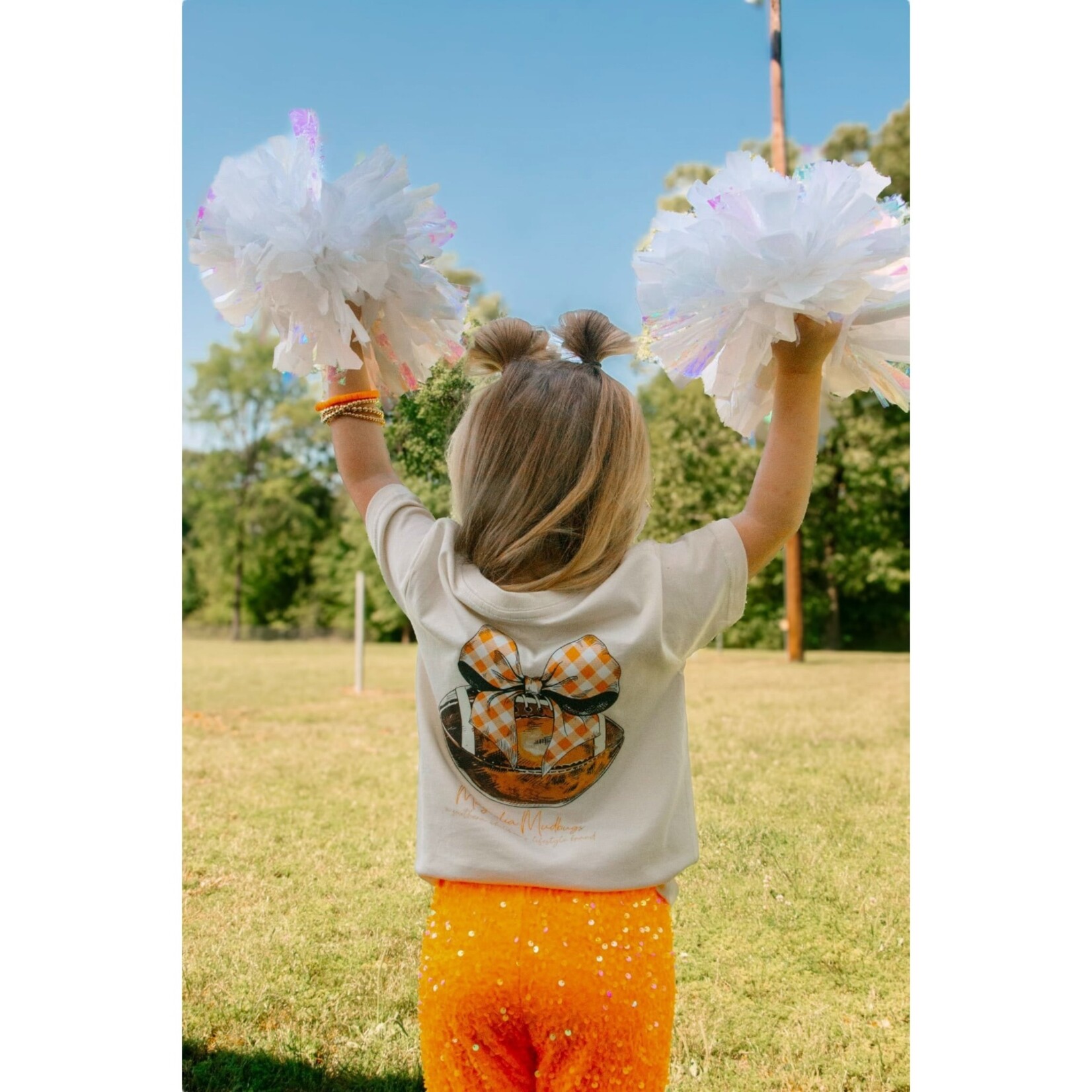 Magnolia Mudbugs Gingham Bow & Football Shirt - Orange