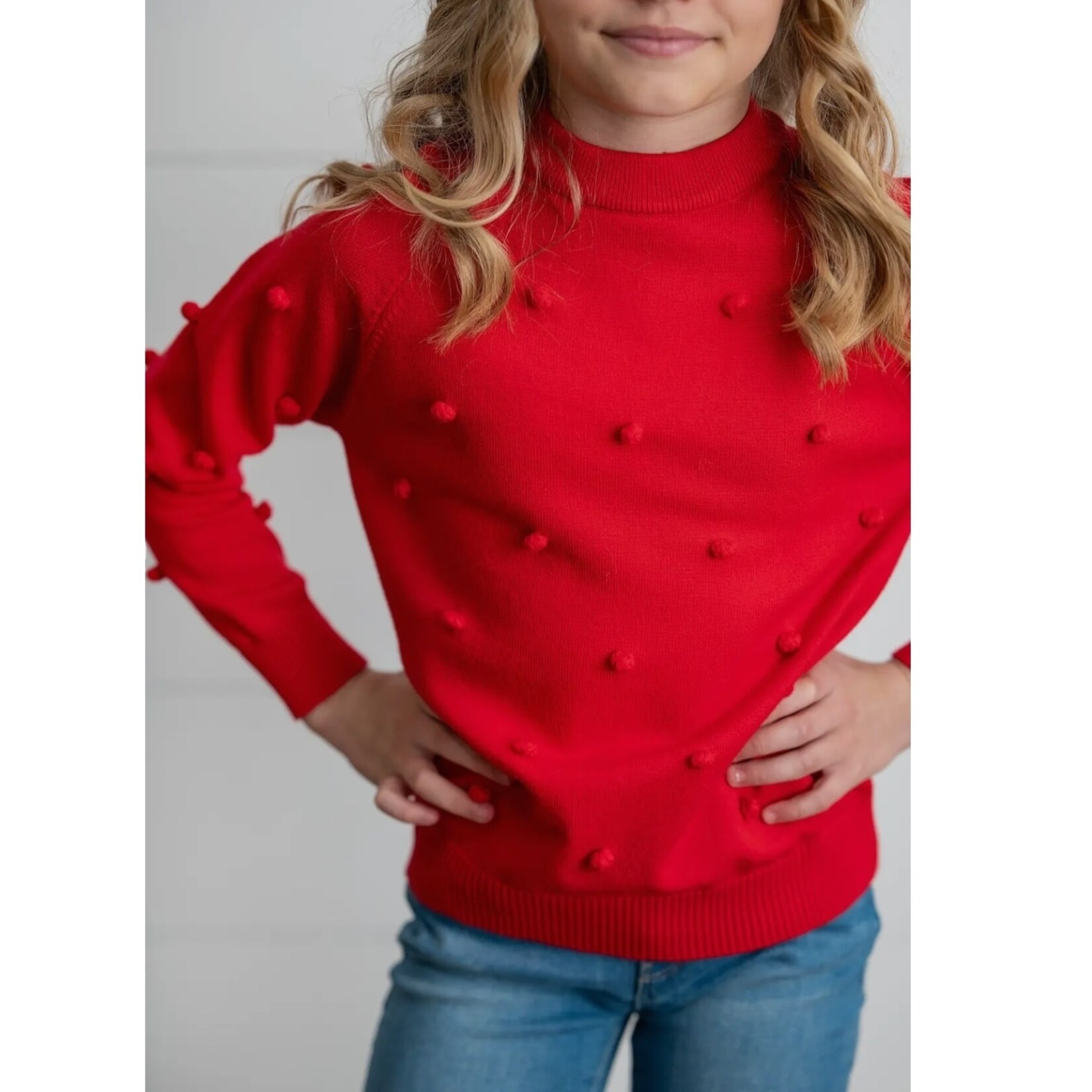 Red Crew Pom Sweater