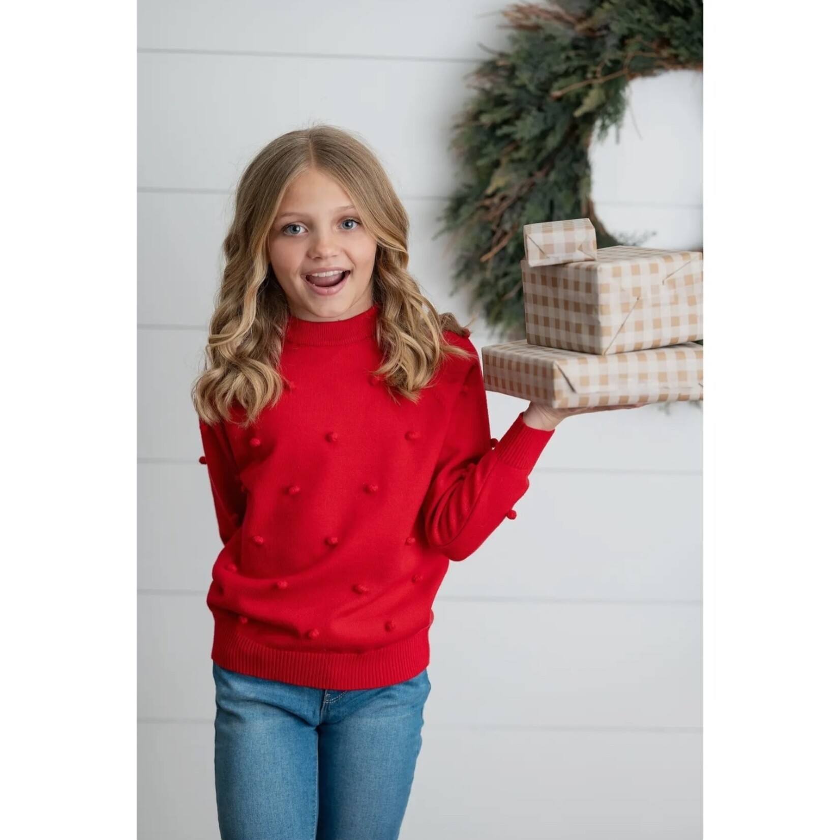 Red Crew Pom Sweater