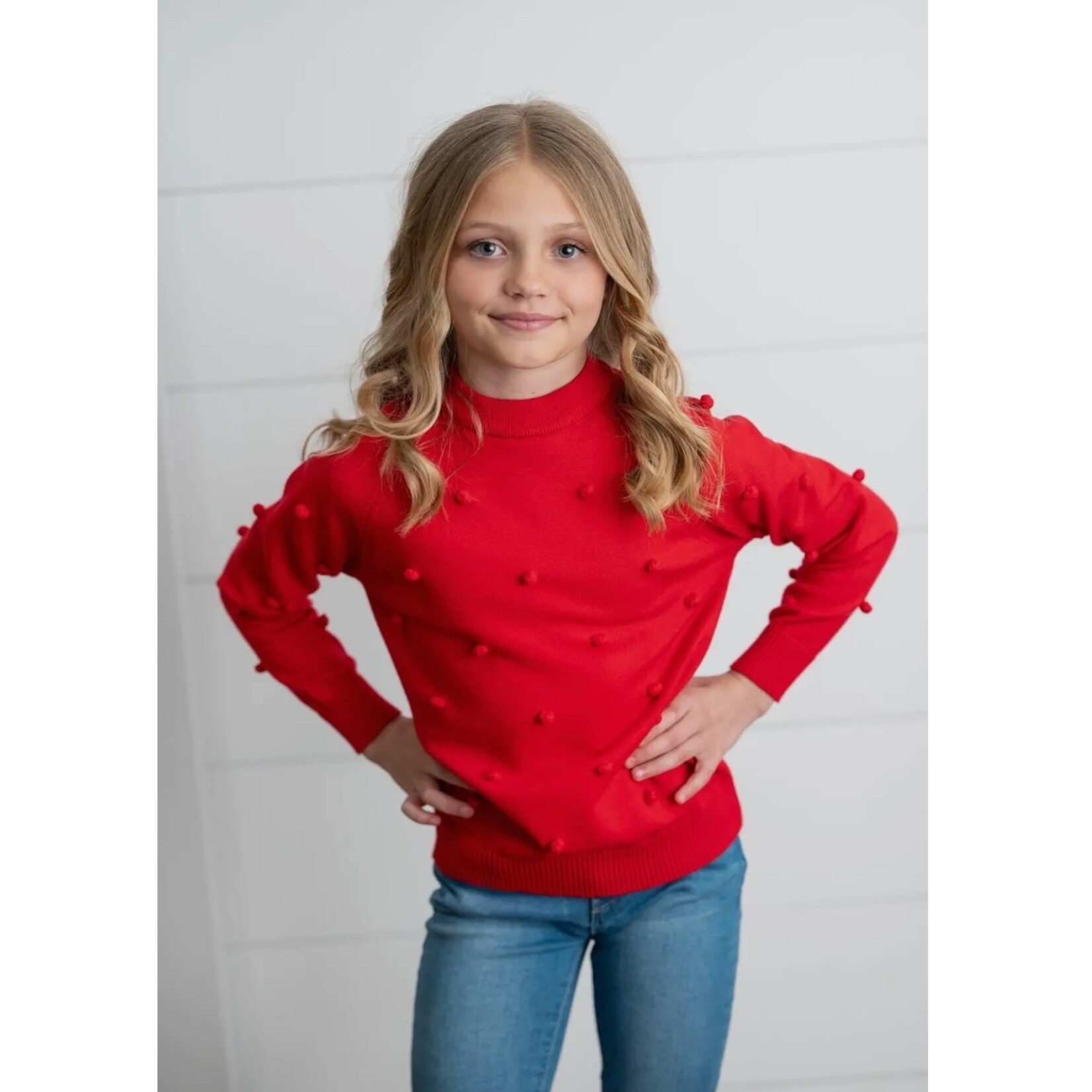 Red Crew Pom Sweater