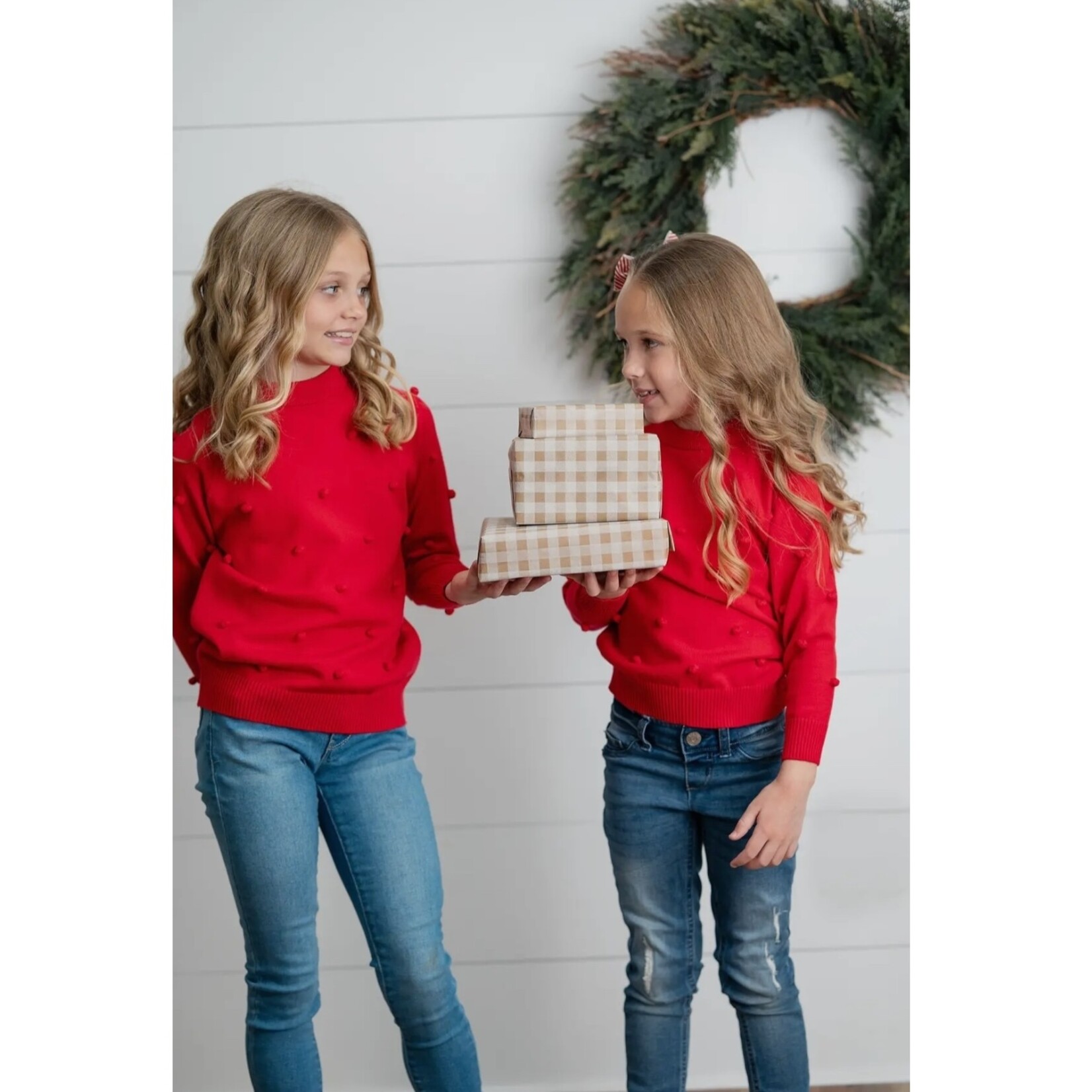 Red Crew Pom Sweater