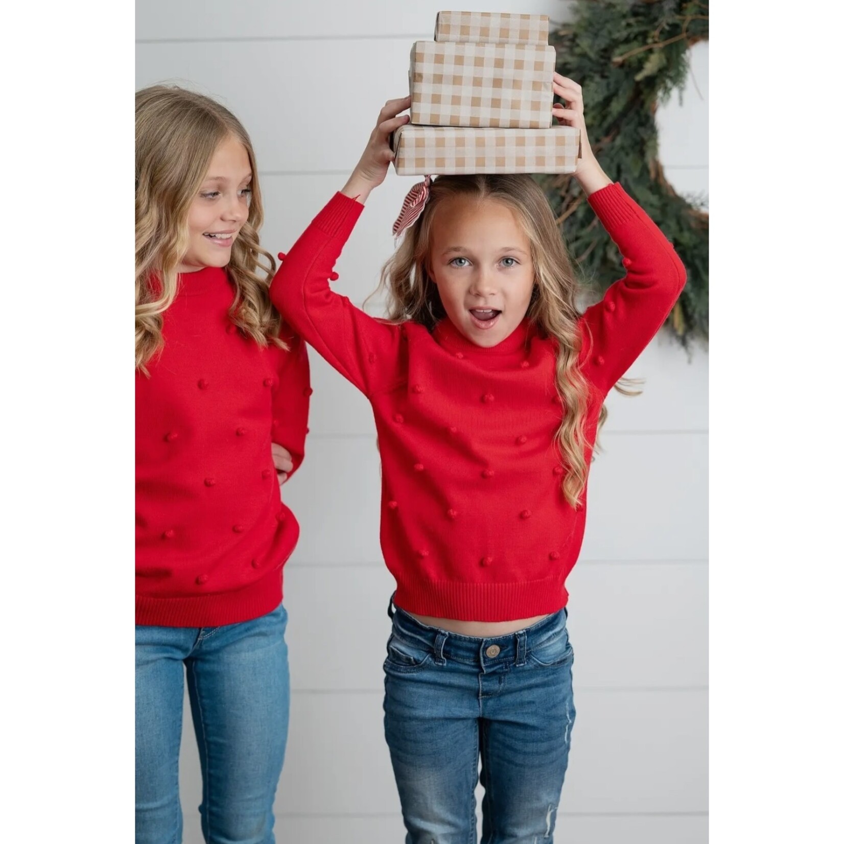 Red Crew Pom Sweater