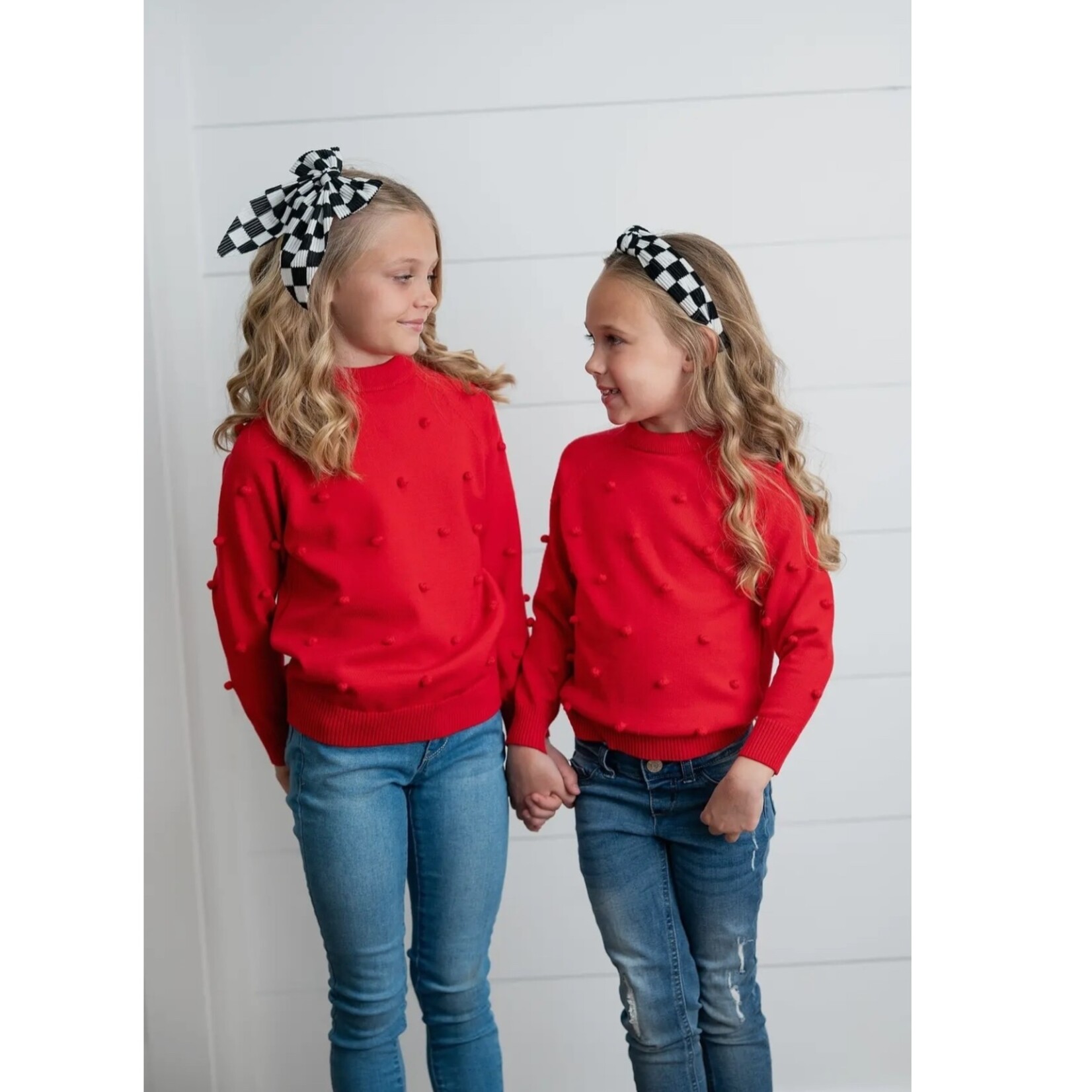 Red Crew Pom Sweater