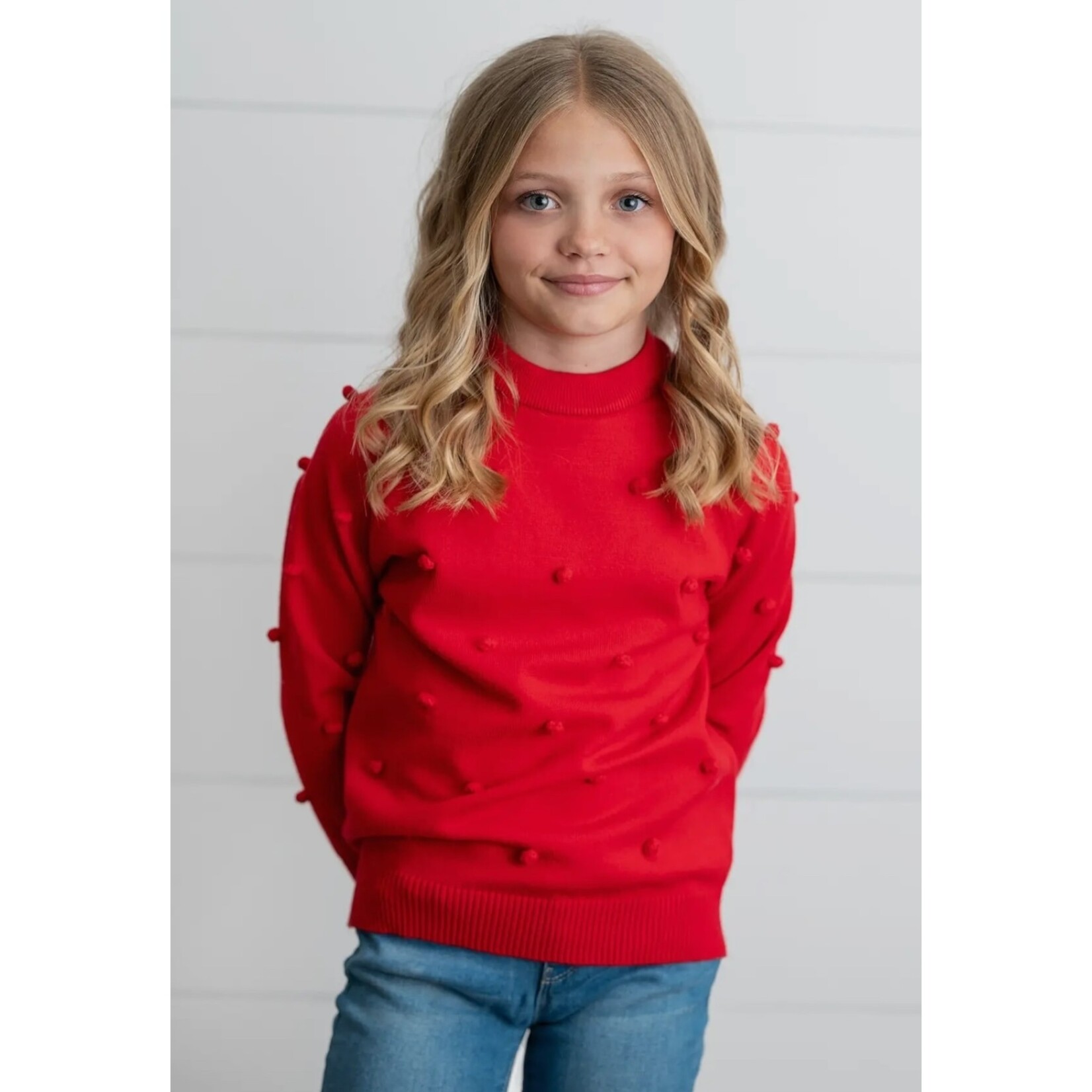 Red Crew Pom Sweater