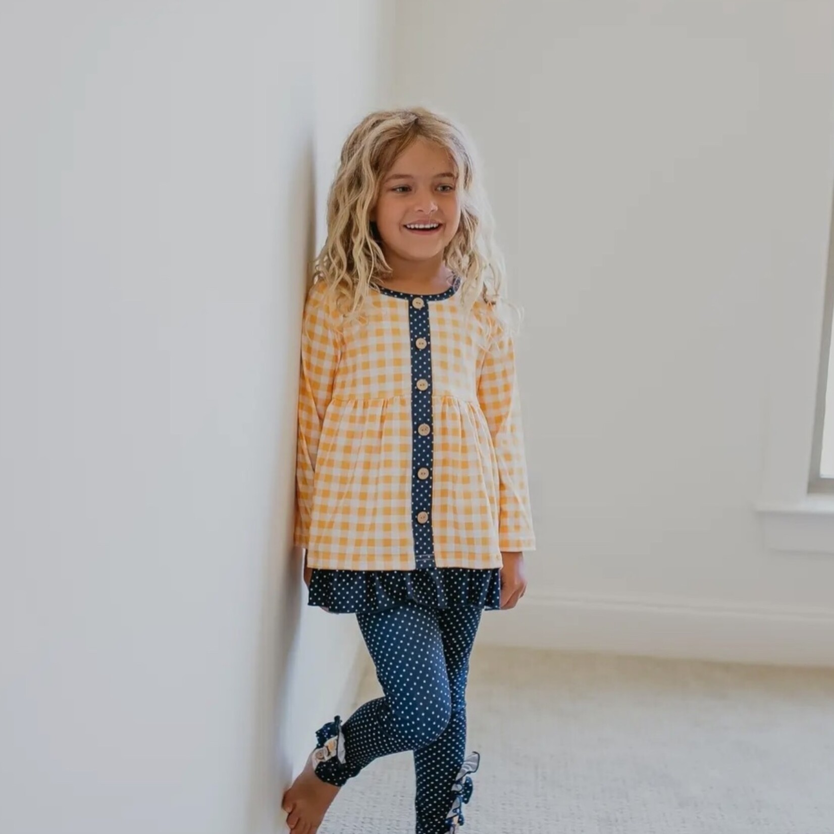 Adorable Sweetness Navy & Mustard Gingham Ruffle Set