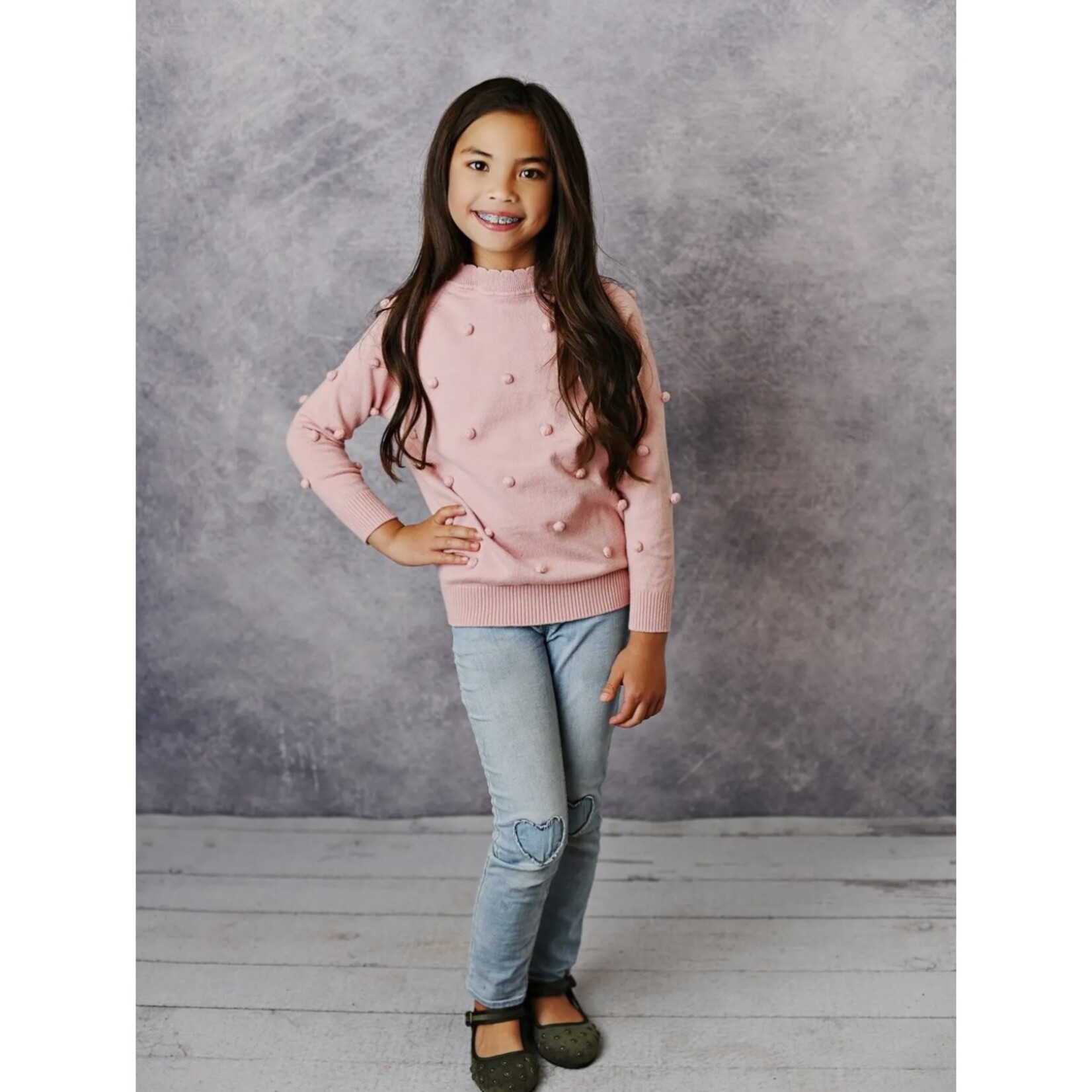 Scalloped Pom Sweater - Pink