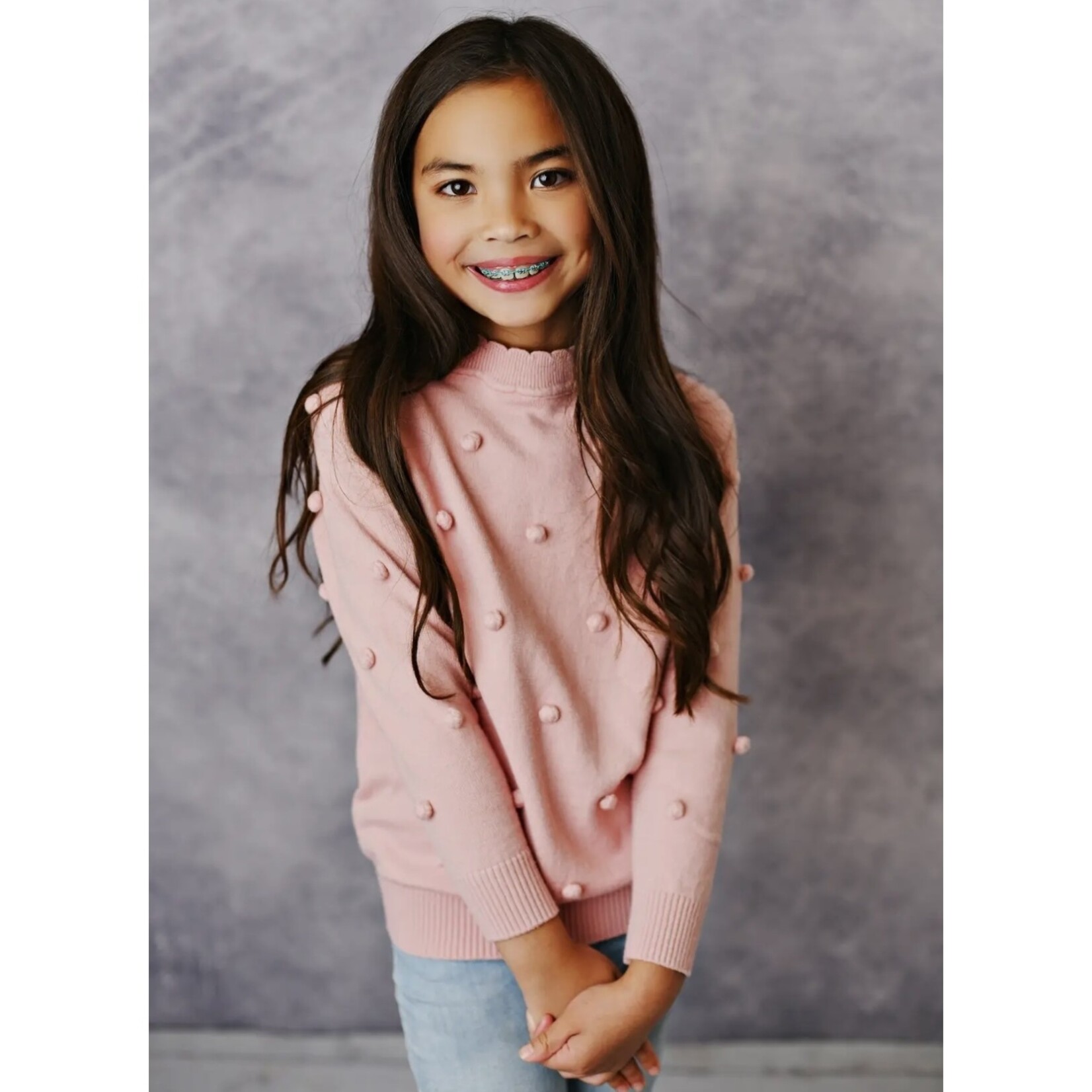 Scalloped Pom Sweater - Pink