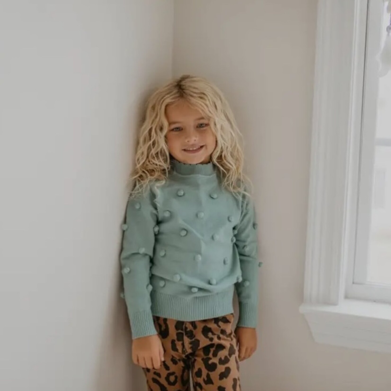 Scalloped Pom Sweater - Teal