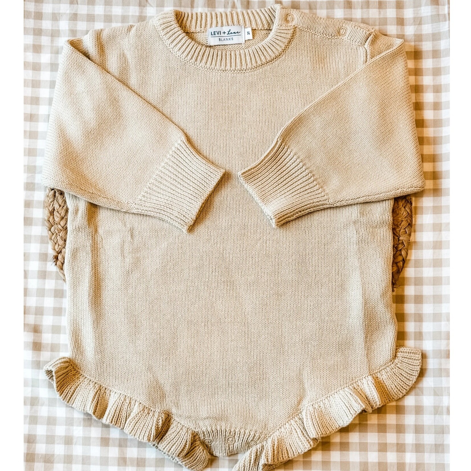 Levi and Lane Newborn Tan Ruffle Knit Romper