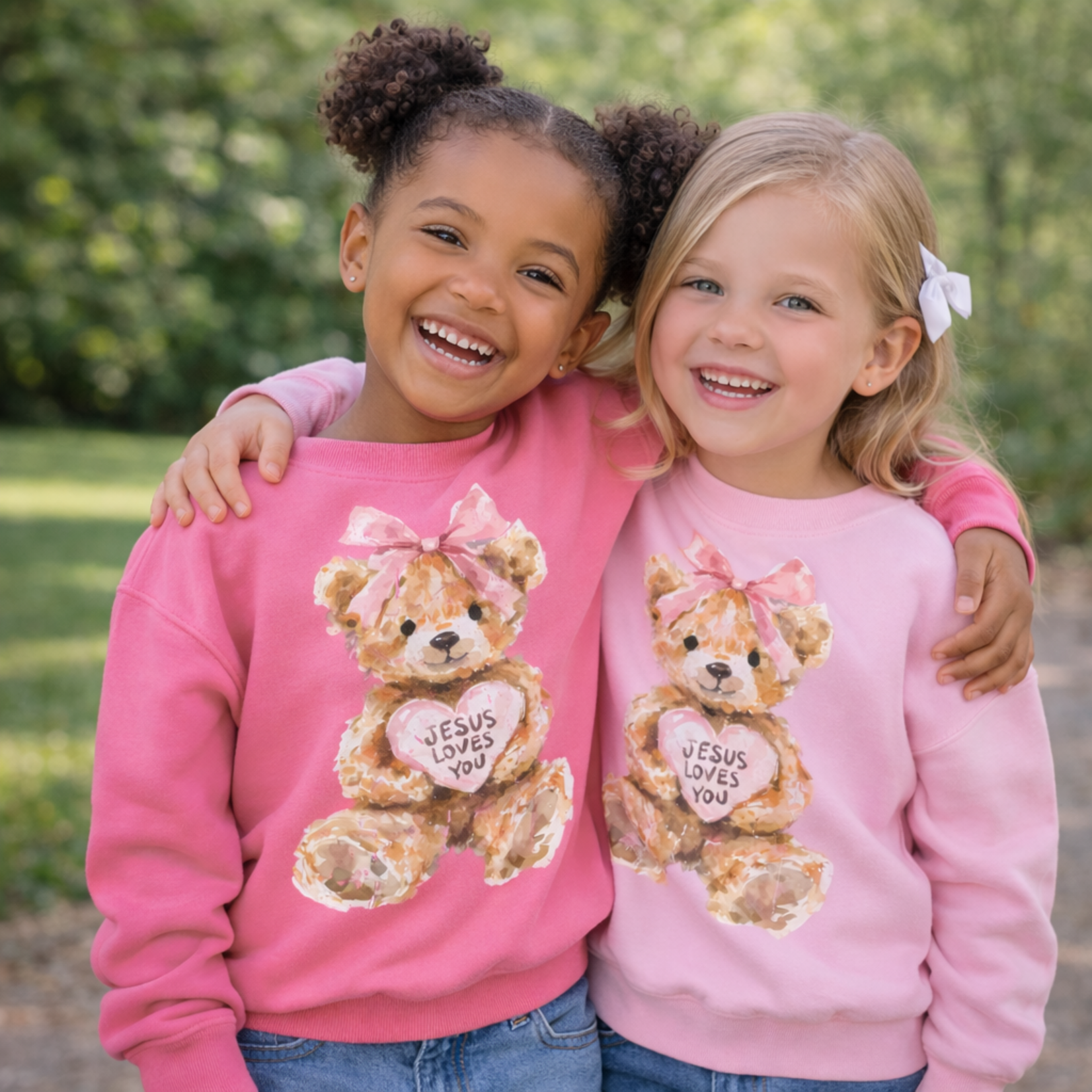 Scripted Pearl Jesus Loves You Hot Pink Teddy Youth Sweatshirt