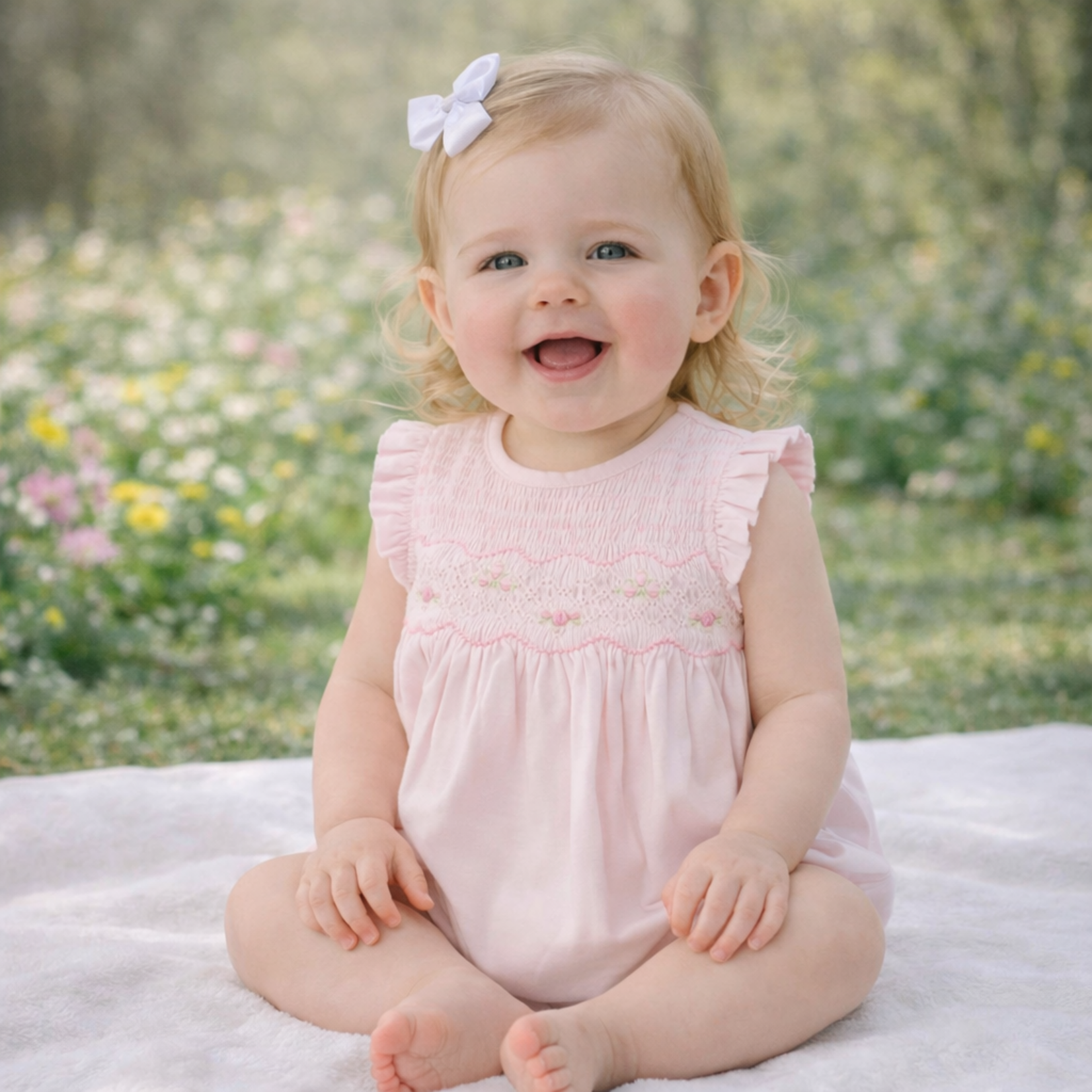 Babysen Pink Bunches of Roses Smocked Bubble