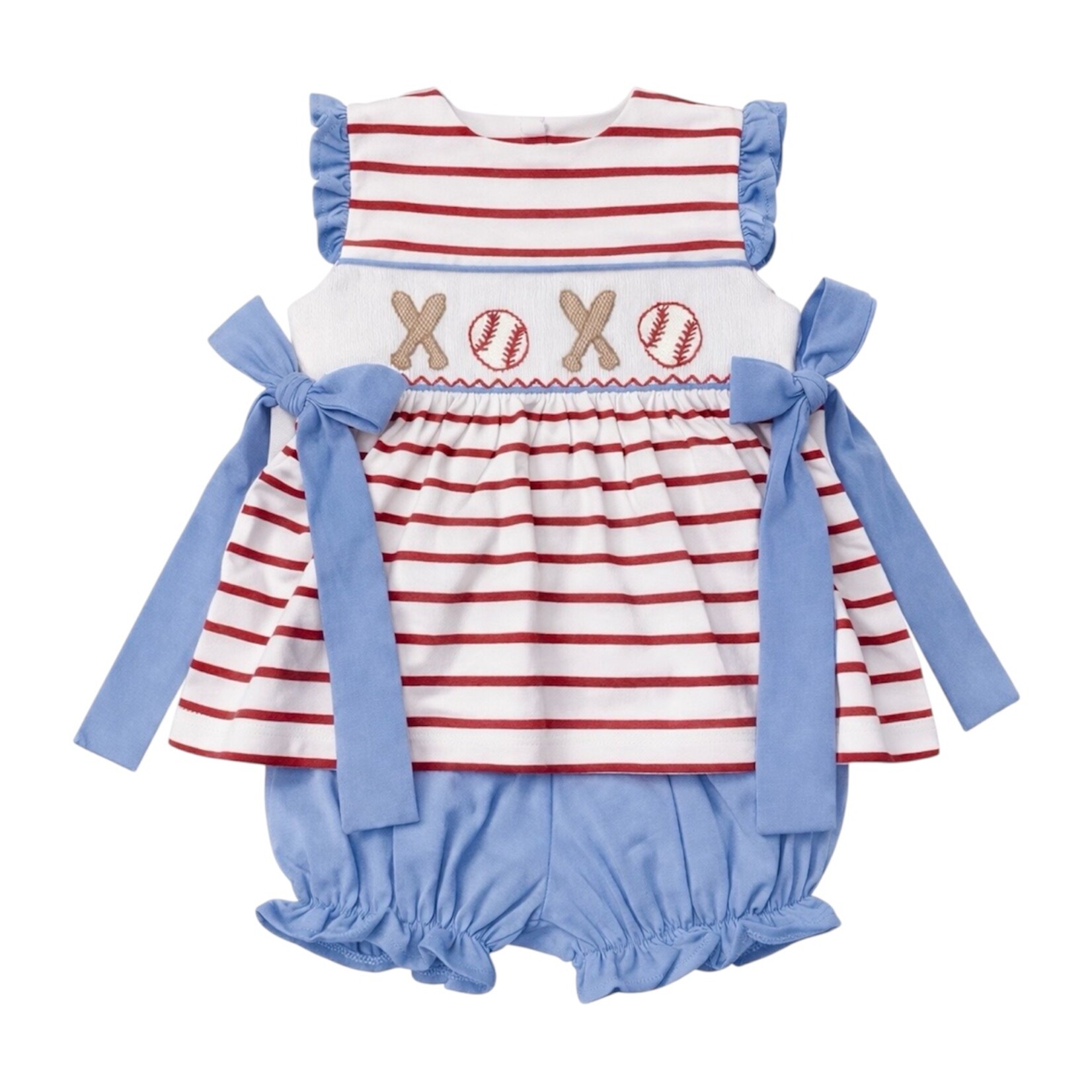 Three Sisters Baseball Smocked Tie Bloomer Set