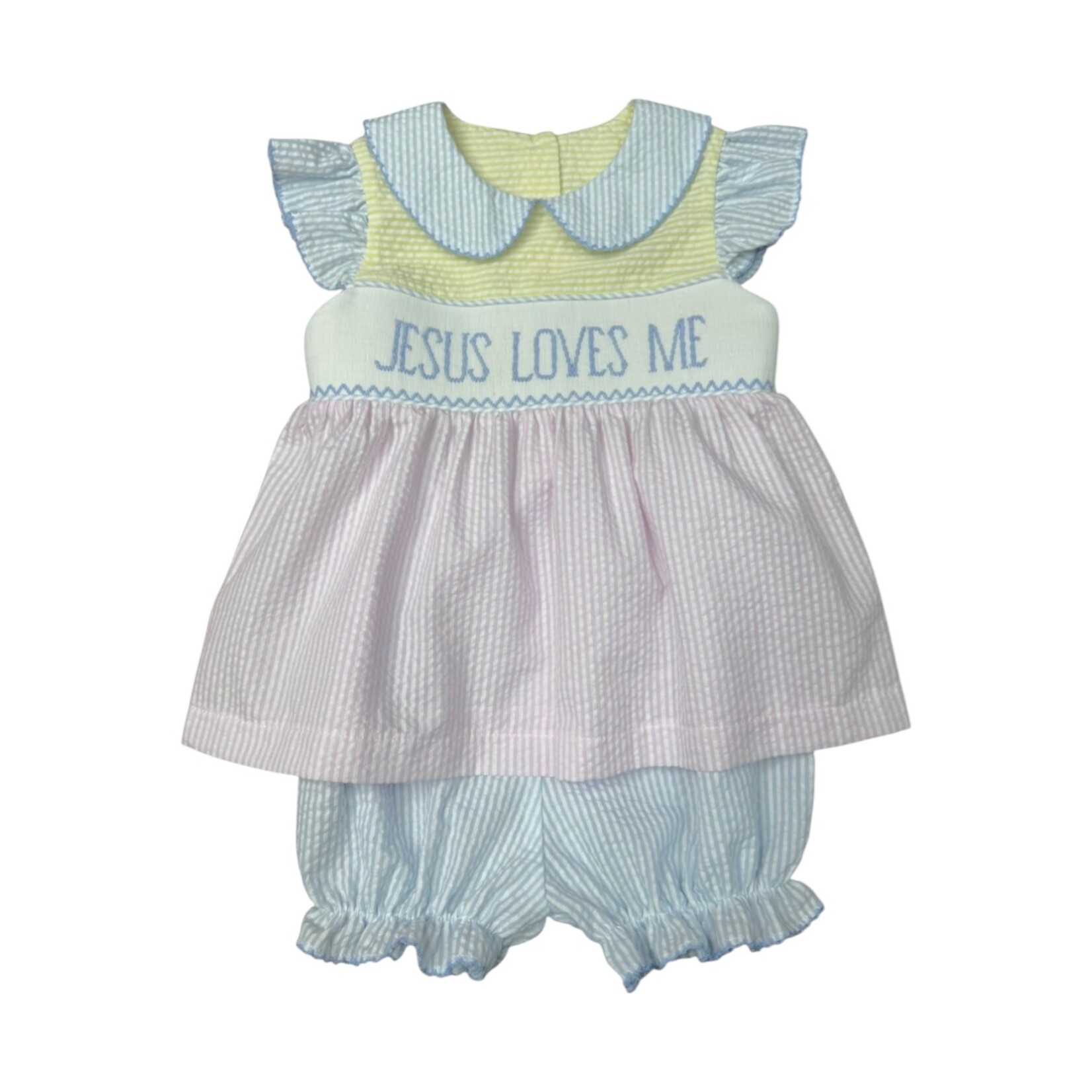 Banana Split Jesus Loves Me Smocked Bloomer Set