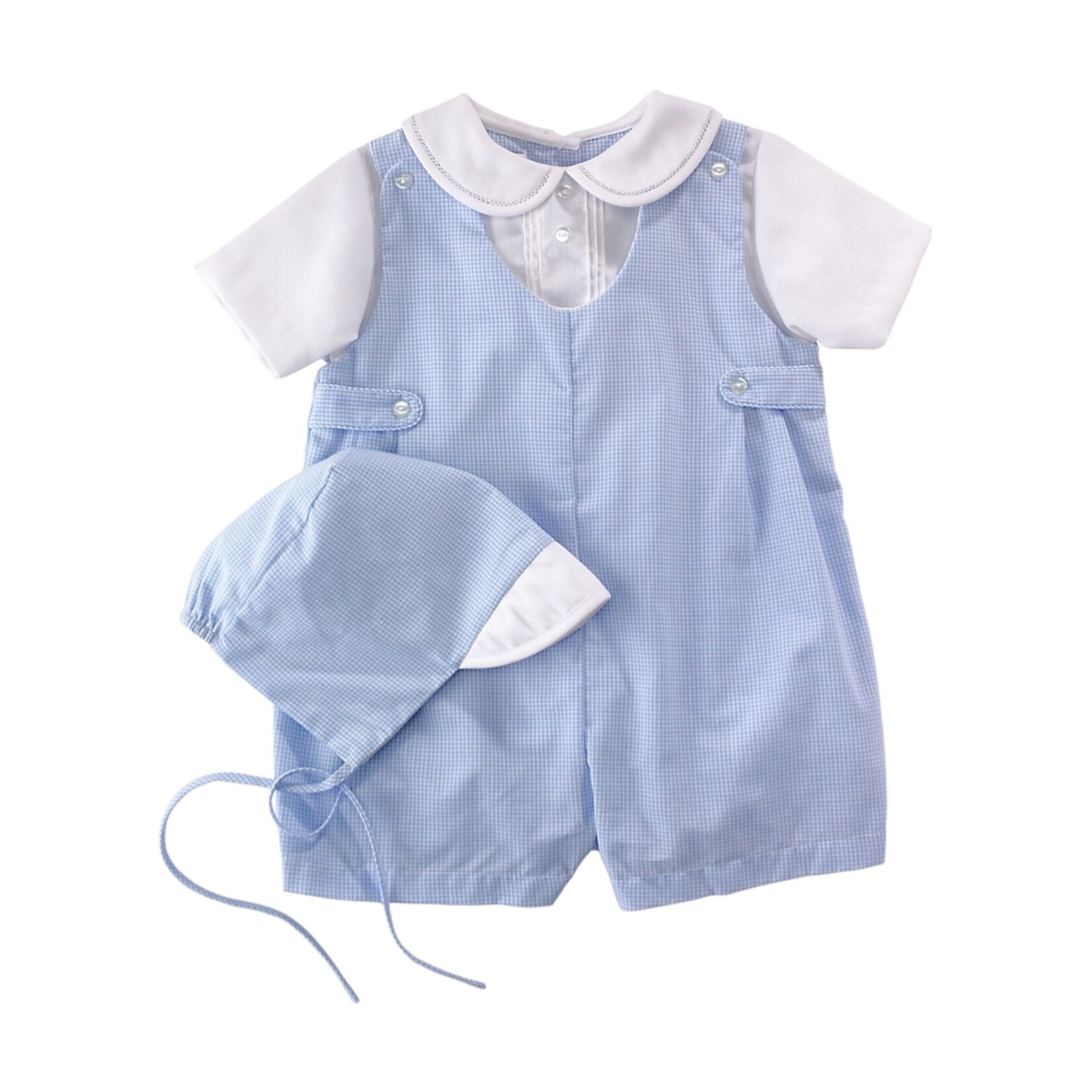 Petit Ami Blue Gingham Boys Romper/Hat (Size NB)